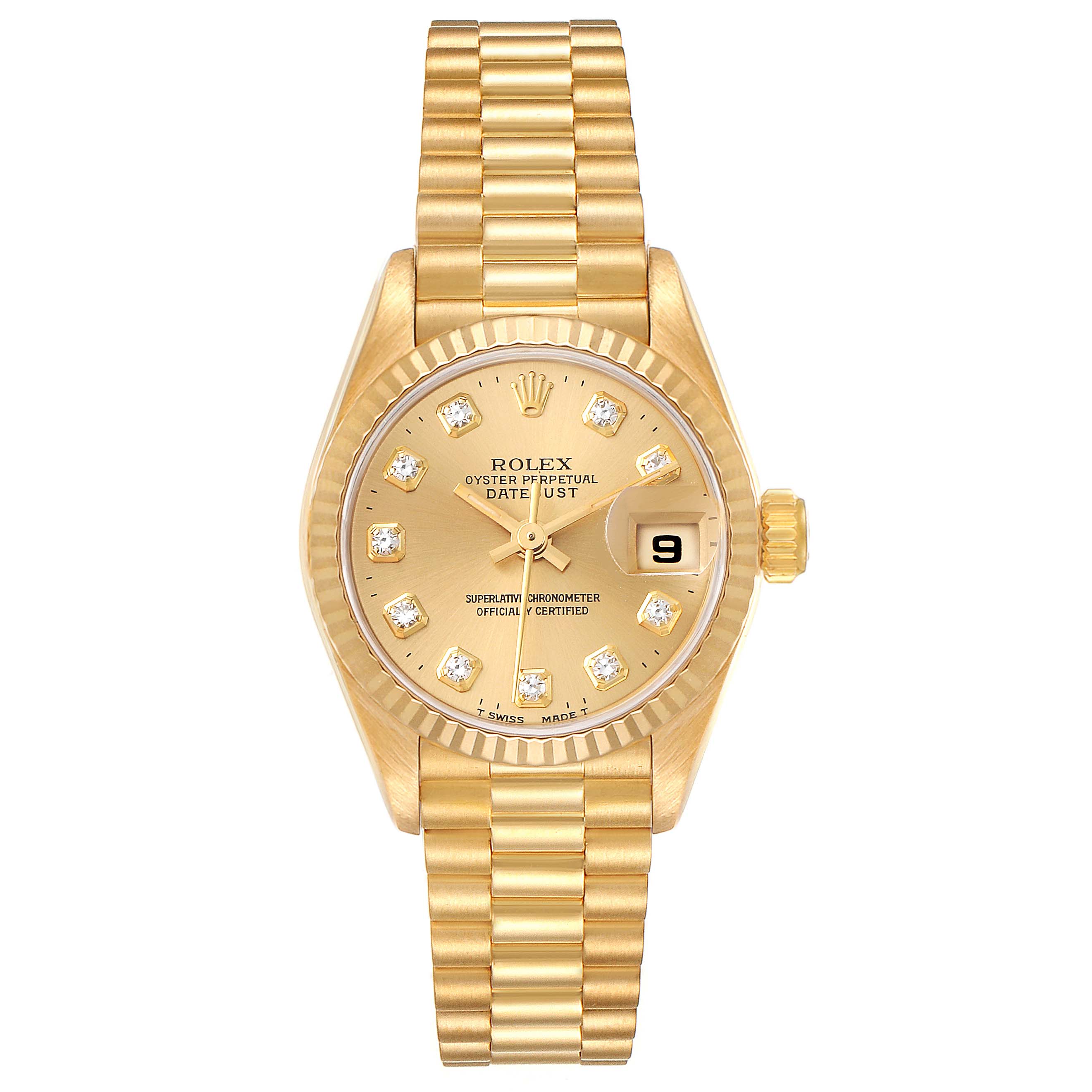 The image shows a bird
s-eye view of a Rolex President 69178 Women
s Yellow Gold Champagne Dial 69178 Women
s Yellow Gold Champagne Dial model watch, featuring a gold bracelet, case, dial, and date window.