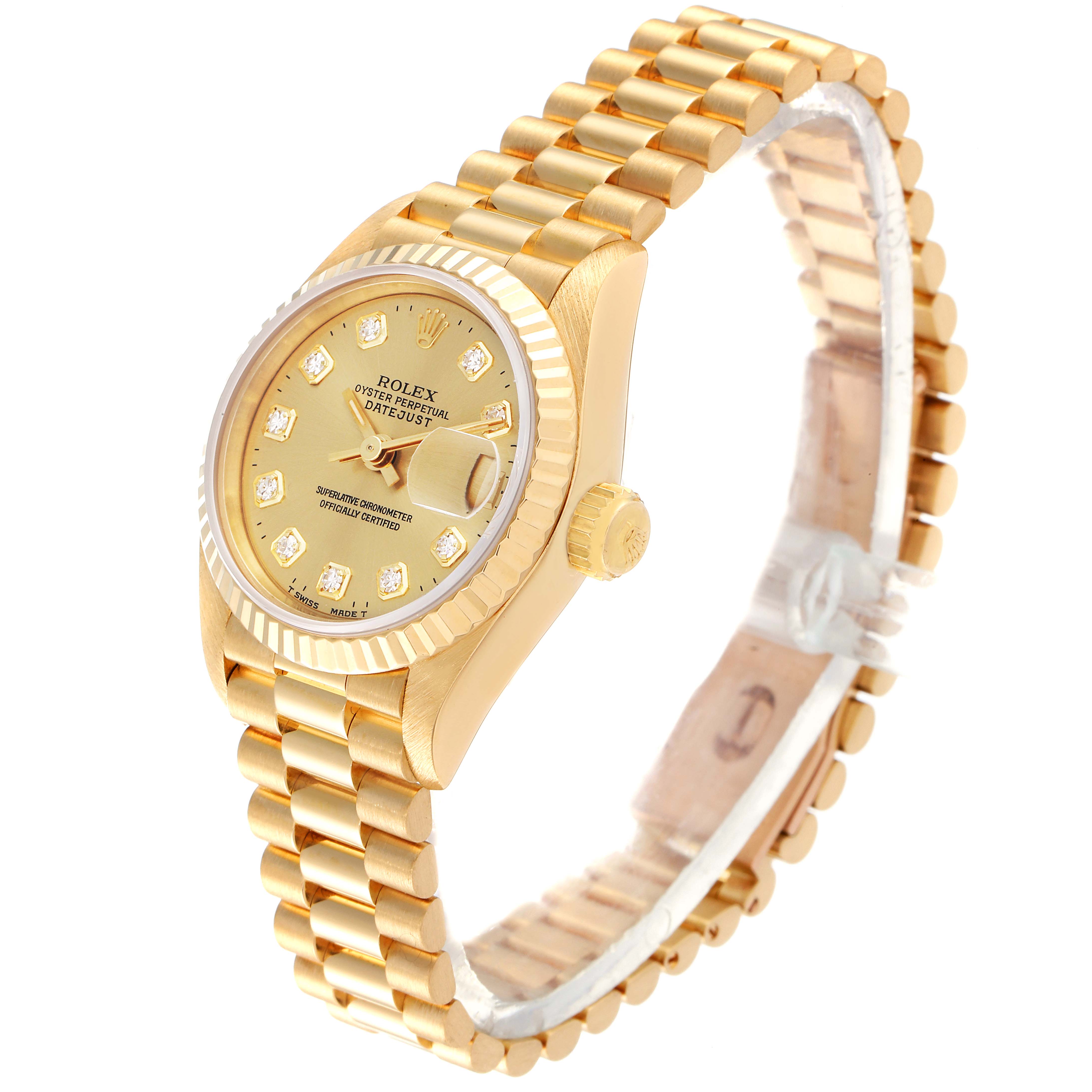 The image shows a Rolex President 69178 Women
s Yellow Gold Champagne Dial 69178 Women
s Yellow Gold Champagne Dial model watch viewed from an angled side, highlighting its gold bracelet, bezel, and dial.