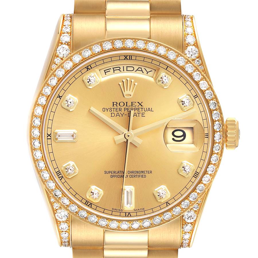 The Rolex President model watch is shown from a front angle, highlighting its diamond bezel, dial, bracelet, and day-date features.