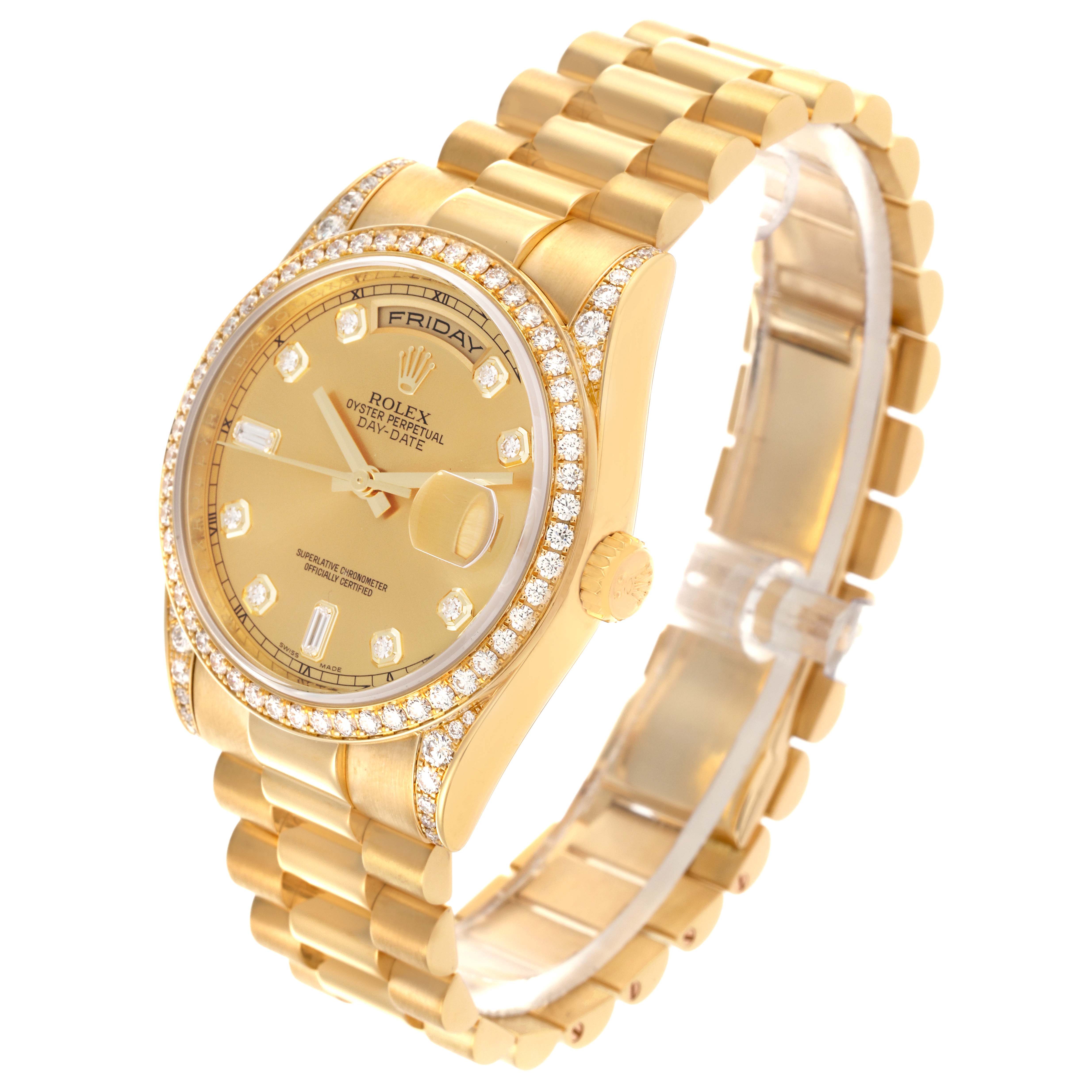 The Rolex President 118388 Men's Yellow Gold Champagne Dial 118388 Men's Yellow Gold Champagne Dial model watch is shown at a slight angle, highlighting the gold case, diamond bezel, bracelet, and dial.