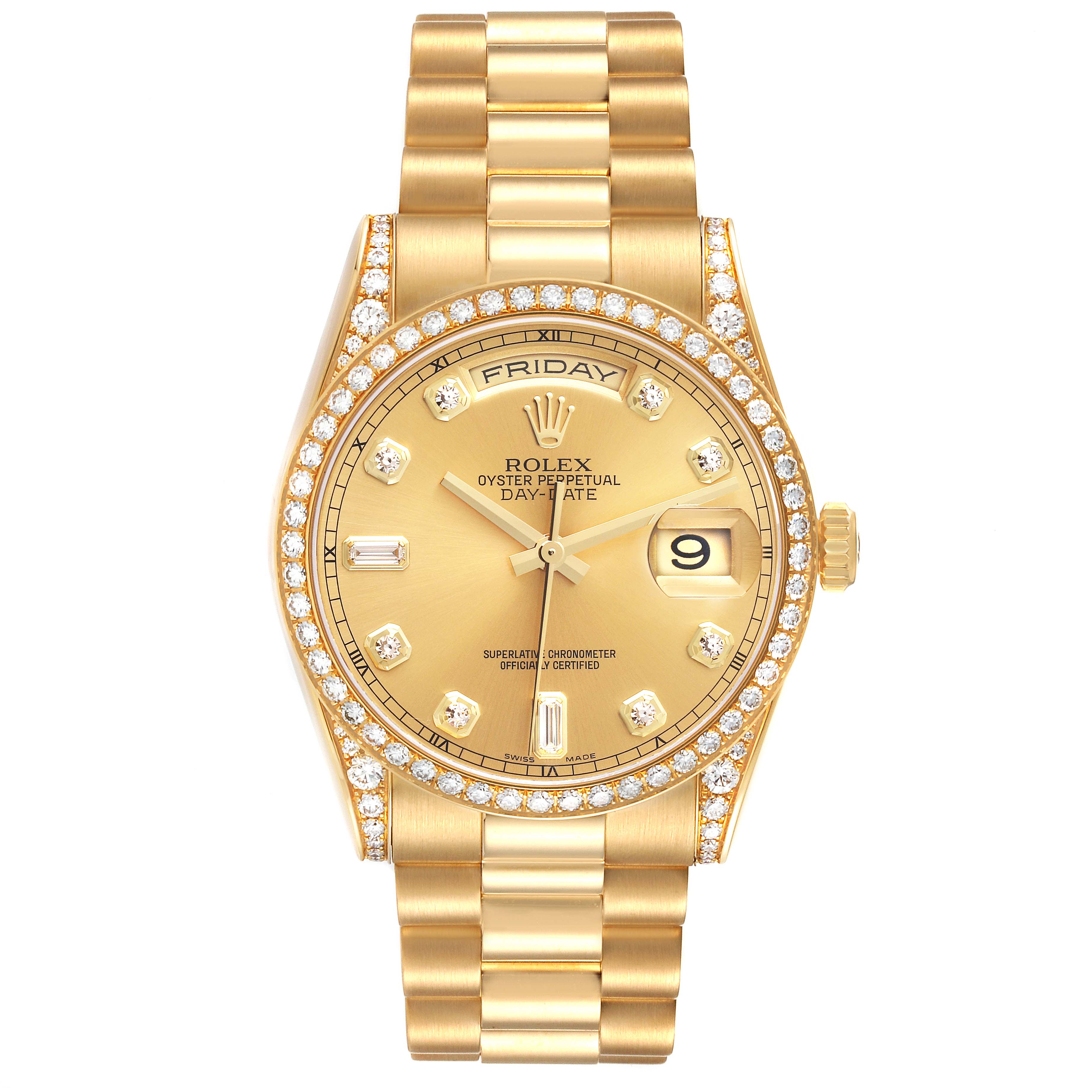 The Rolex President 118388 Men's Yellow Gold Champagne Dial 118388 Men's Yellow Gold Champagne Dial model watch is shown from a frontal angle, highlighting the dial, bezel, and bracelet.