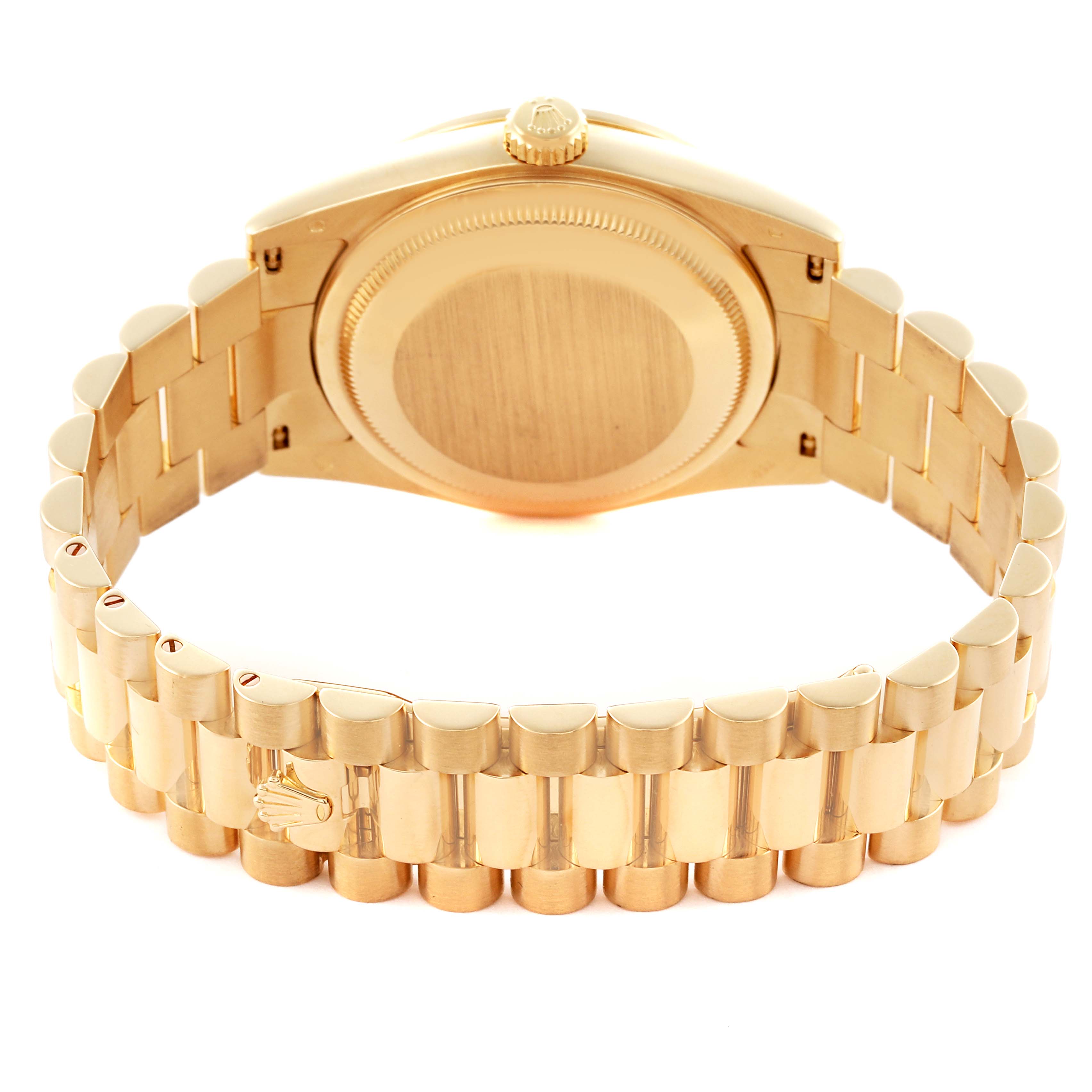 The image shows the back and bracelet of a Rolex President 118388 Men's Yellow Gold Champagne Dial 118388 Men's Yellow Gold Champagne Dial model watch, highlighting its gold links and clasp.