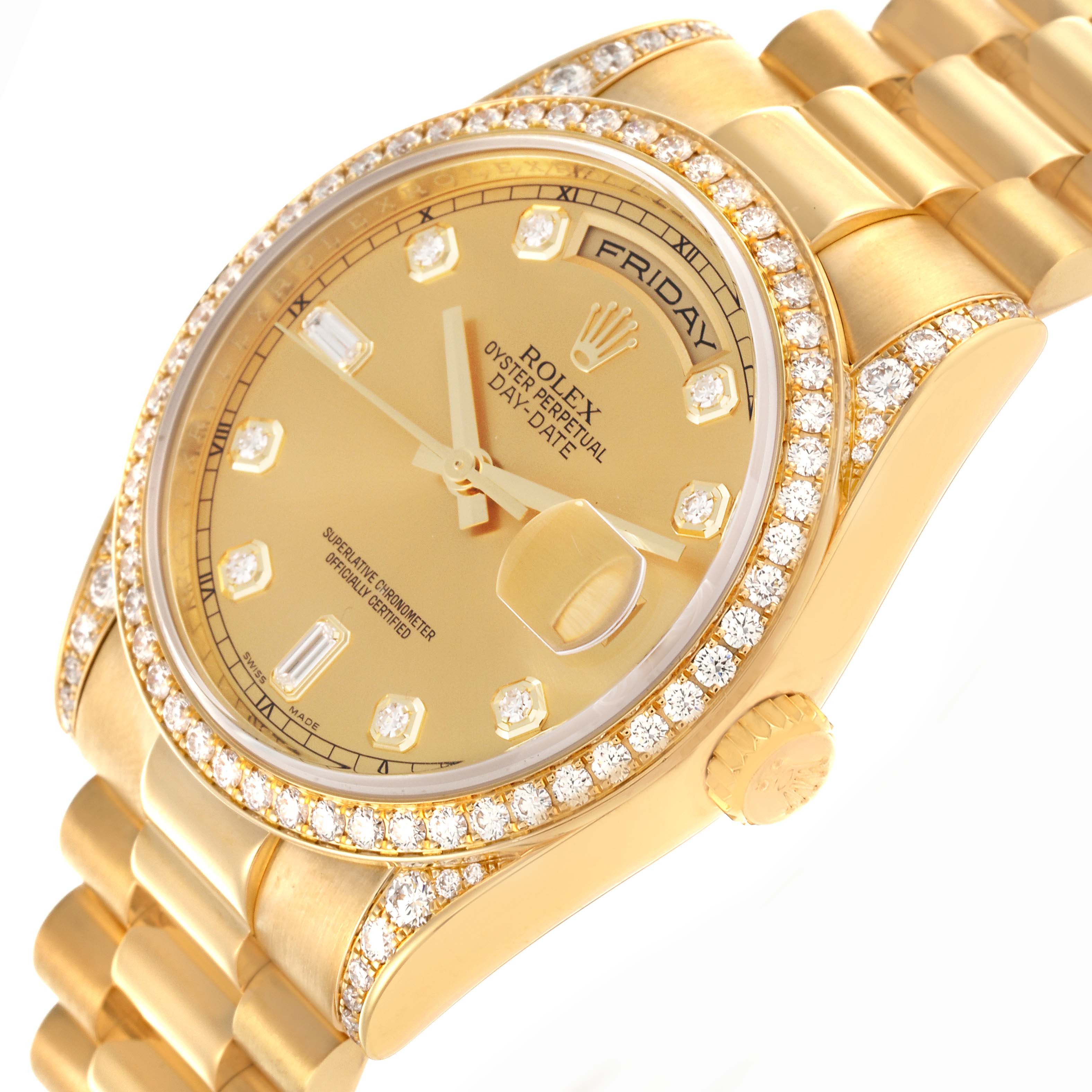 The Rolex President 118388 Men's Yellow Gold Champagne Dial 118388 Men's Yellow Gold Champagne Dial model is shown at an angle highlighting its diamond bezel, golden dial, and bracelet.