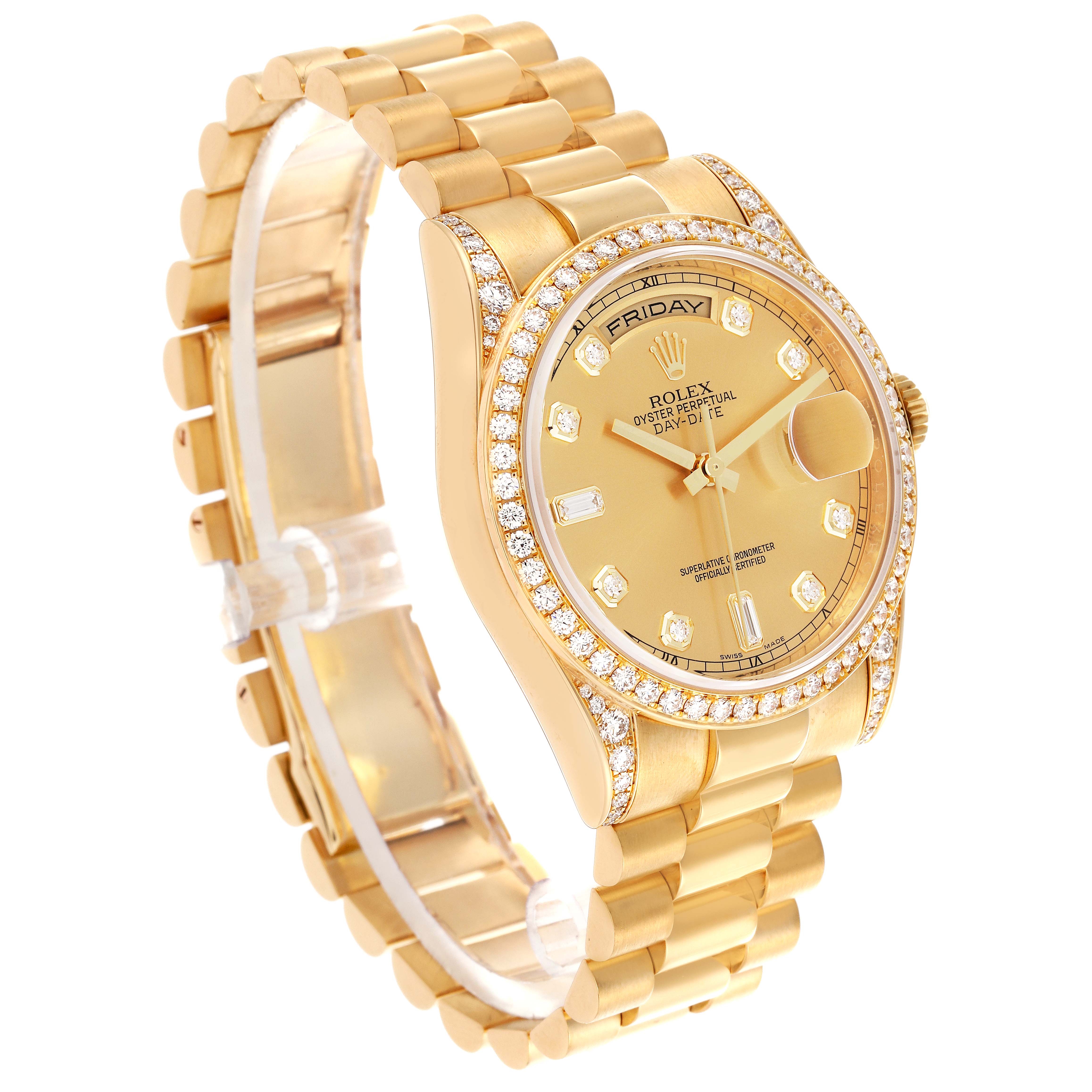 The Rolex President 118388 Men's Yellow Gold Champagne Dial 118388 Men's Yellow Gold Champagne Dial model watch is shown at a three-quarter angle, highlighting its bracelet, bezel, and face.