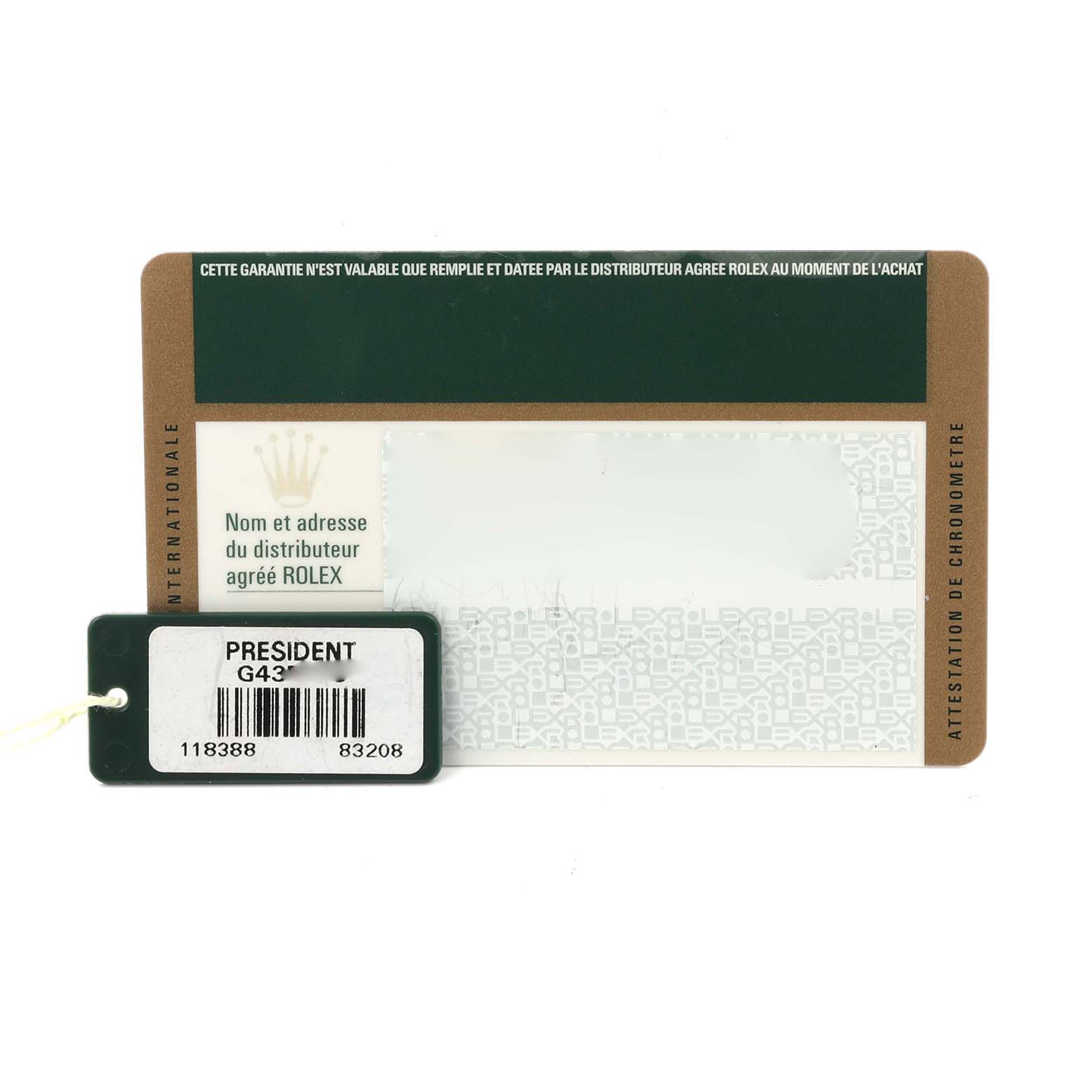 The image shows a warranty card and hangtag for the Rolex President 118388 Men's Yellow Gold Champagne Dial 118388 Men's Yellow Gold Champagne Dial model, viewed from a top angle.