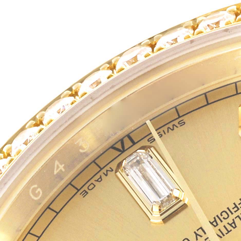 The image shows a close-up of the bezel and part of the dial of a Rolex President 118388 Men's Yellow Gold Champagne Dial 118388 Men's Yellow Gold Champagne Dial watch, highlighting gem detailing and hour markers.