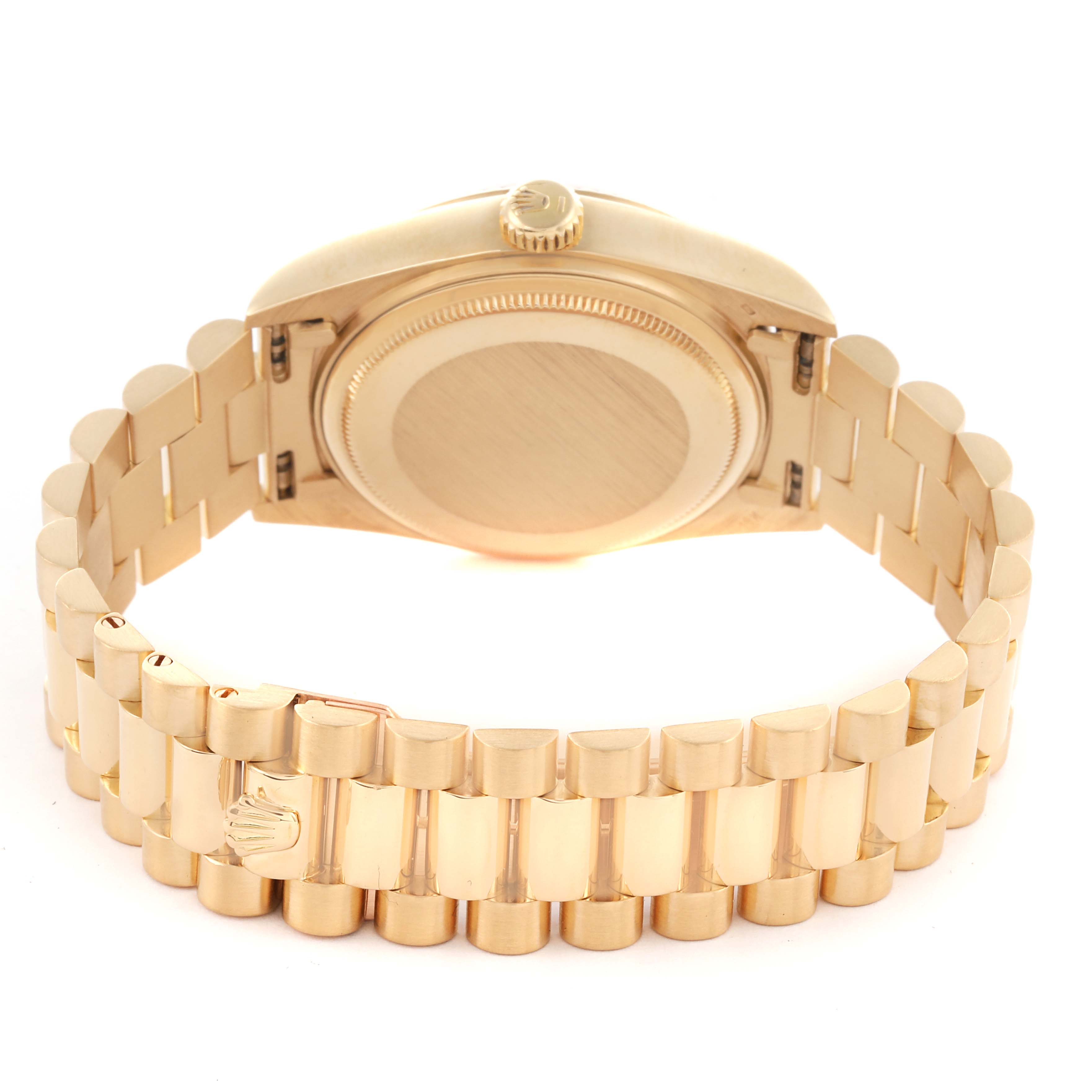 The image shows the back of the Rolex President 18038 Men's Yellow Gold Champagne Dial 18038 Men's Yellow Gold Champagne Dial watch, including the case back, crown, and bracelet clasp.