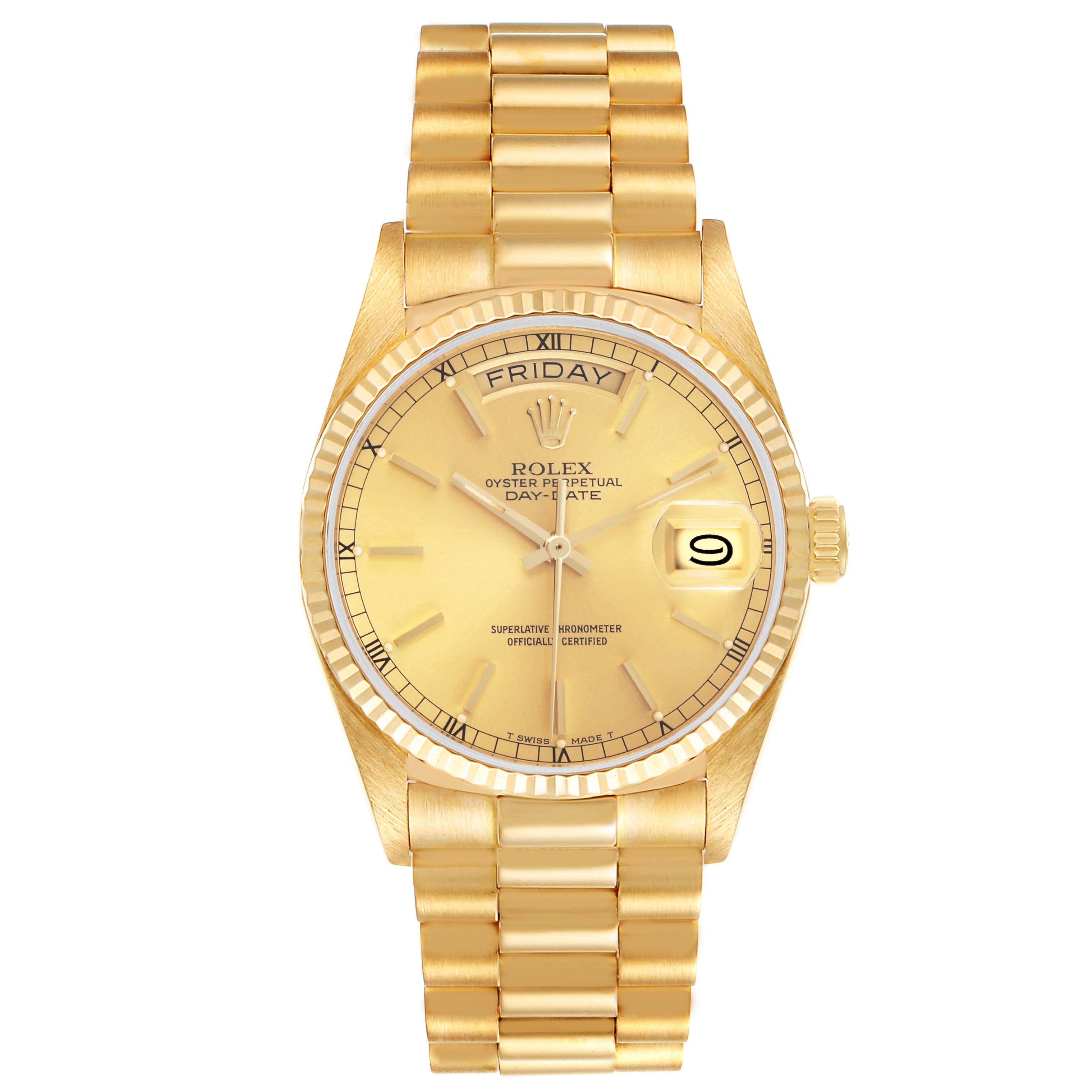 The Rolex President 18038 Men's Yellow Gold Champagne Dial 18038 Men's Yellow Gold Champagne Dial model is shown from a front view, highlighting the watch face, bracelet, and crown.