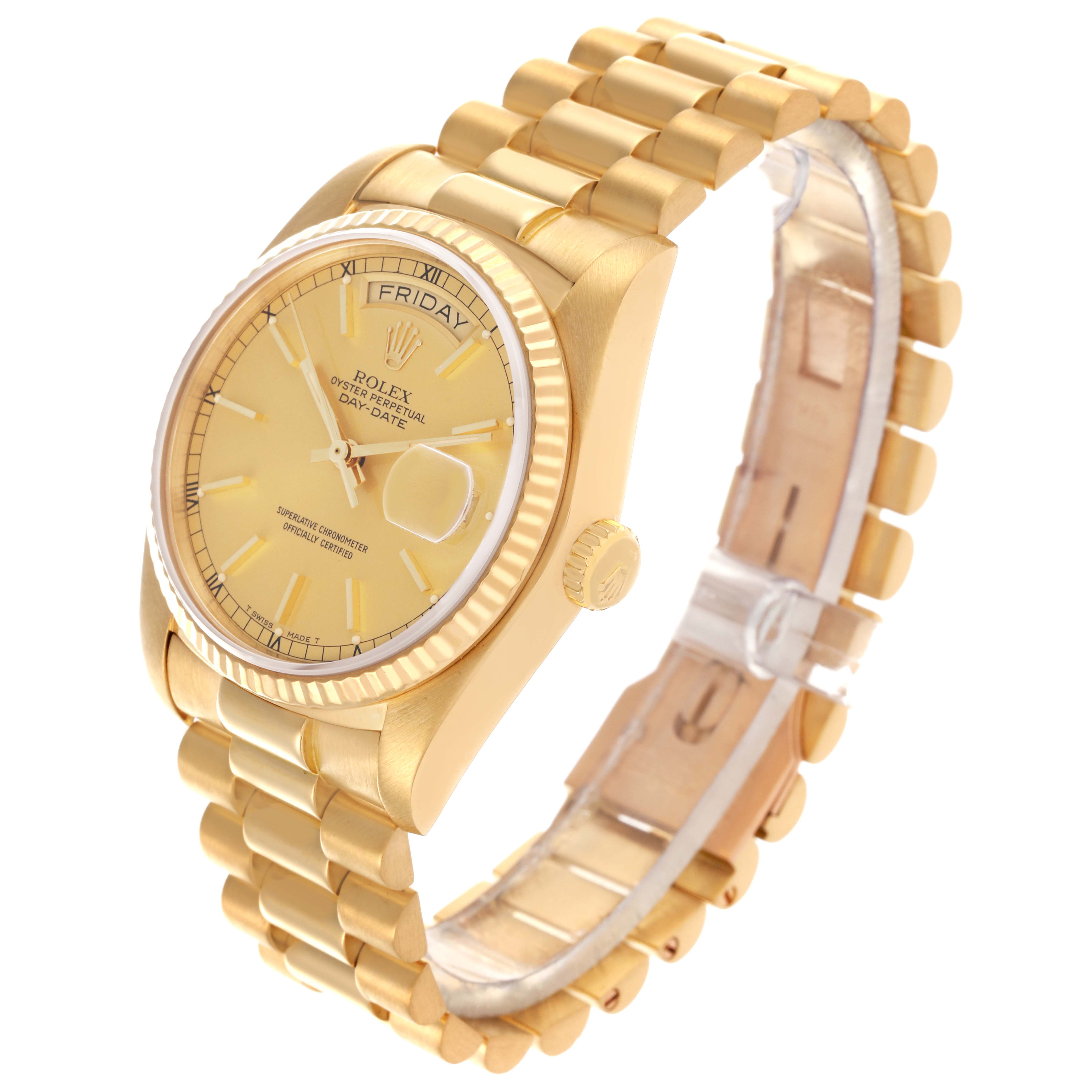 The watch, a Rolex President 18038 Men's Yellow Gold Champagne Dial 18038 Men's Yellow Gold Champagne Dial model, is shown at an angle highlighting the face, bezel, crown, and bracelet.