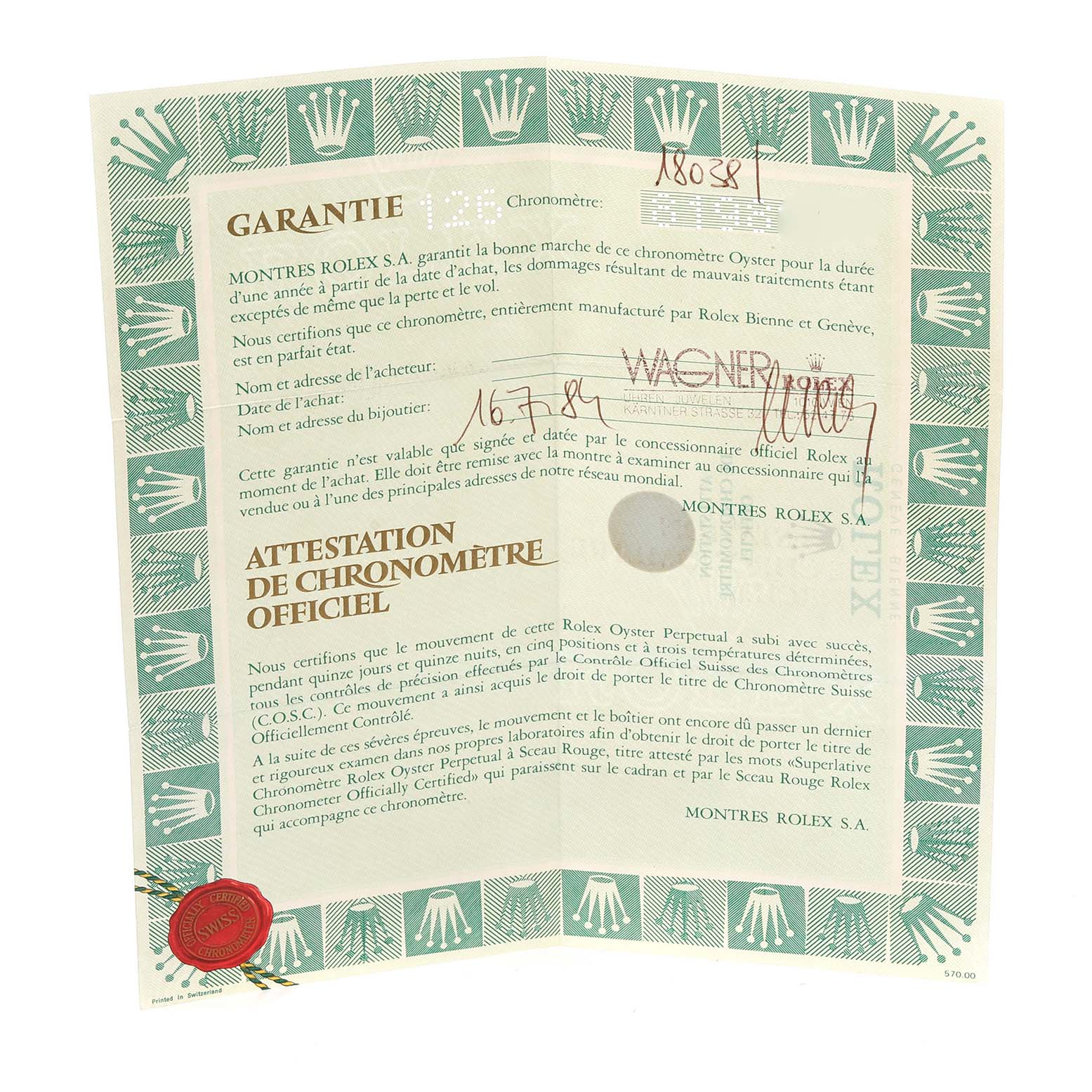 This is a warranty certificate for the Rolex President 18038 Men's Yellow Gold Champagne Dial 18038 Men's Yellow Gold Champagne Dial model, shown flat with text and logos visible.