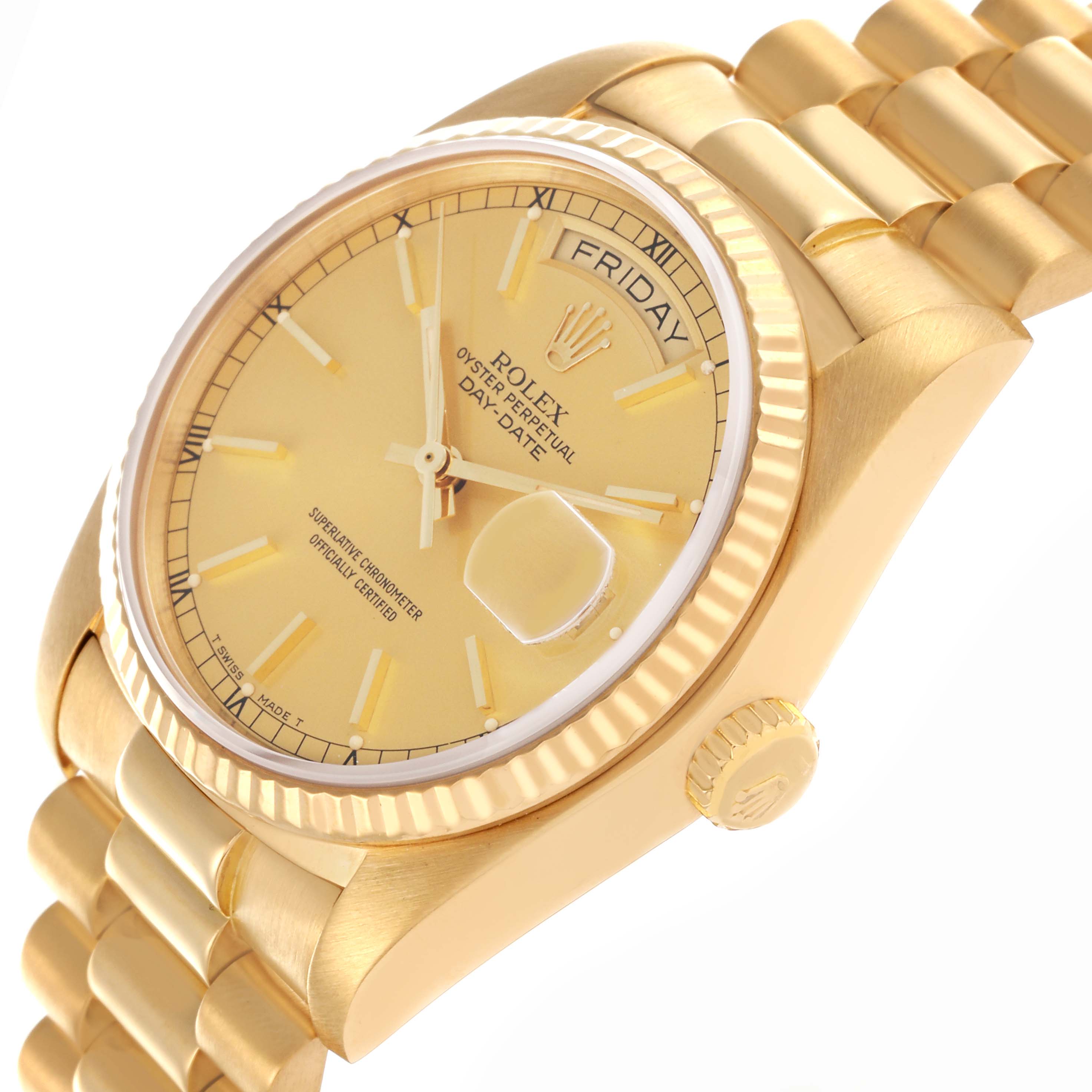 The Rolex President 18038 Men's Yellow Gold Champagne Dial 18038 Men's Yellow Gold Champagne Dial model is shown at a slightly tilted angle, highlighting the dial, bezel, and bracelet.