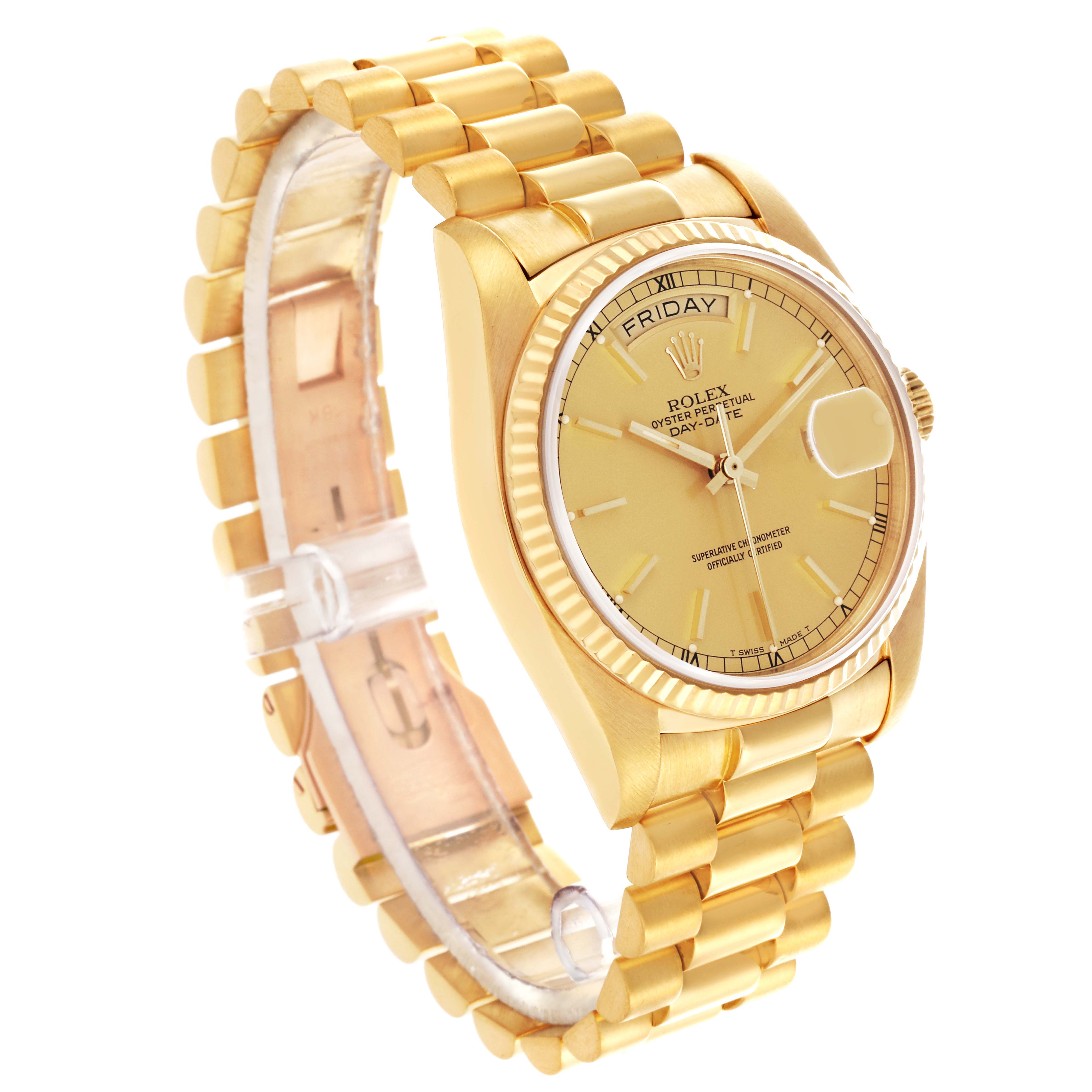 The Rolex President 18038 Men's Yellow Gold Champagne Dial 18038 Men's Yellow Gold Champagne Dial watch is shown at a three-quarter angle, displaying the face, bezel, and bracelet.