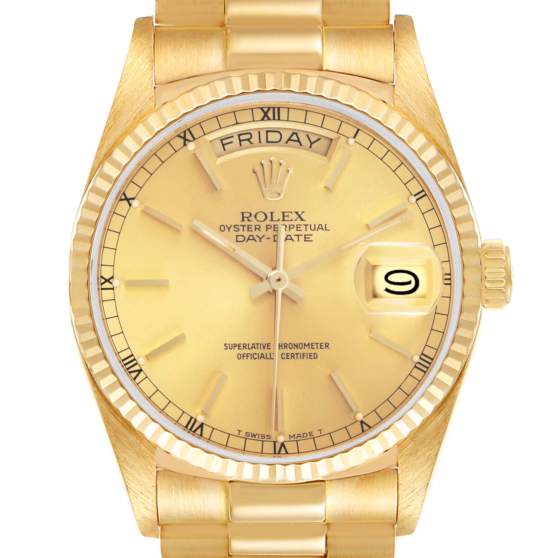 The Rolex President 18038 Men's Yellow Gold Champagne Dial 18038 Men's Yellow Gold Champagne Dial model is shown from a front angle, displaying its gold dial, fluted bezel, and day-date feature.