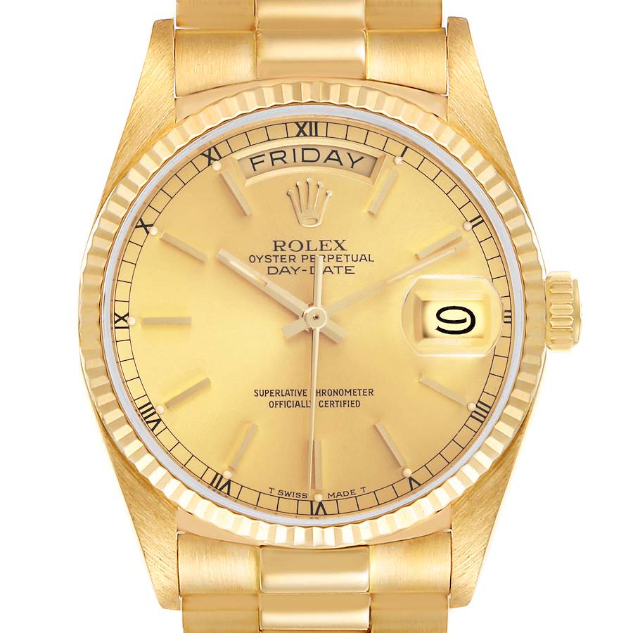 The Rolex President model is shown from a front angle, displaying its gold dial, fluted bezel, and day-date feature.