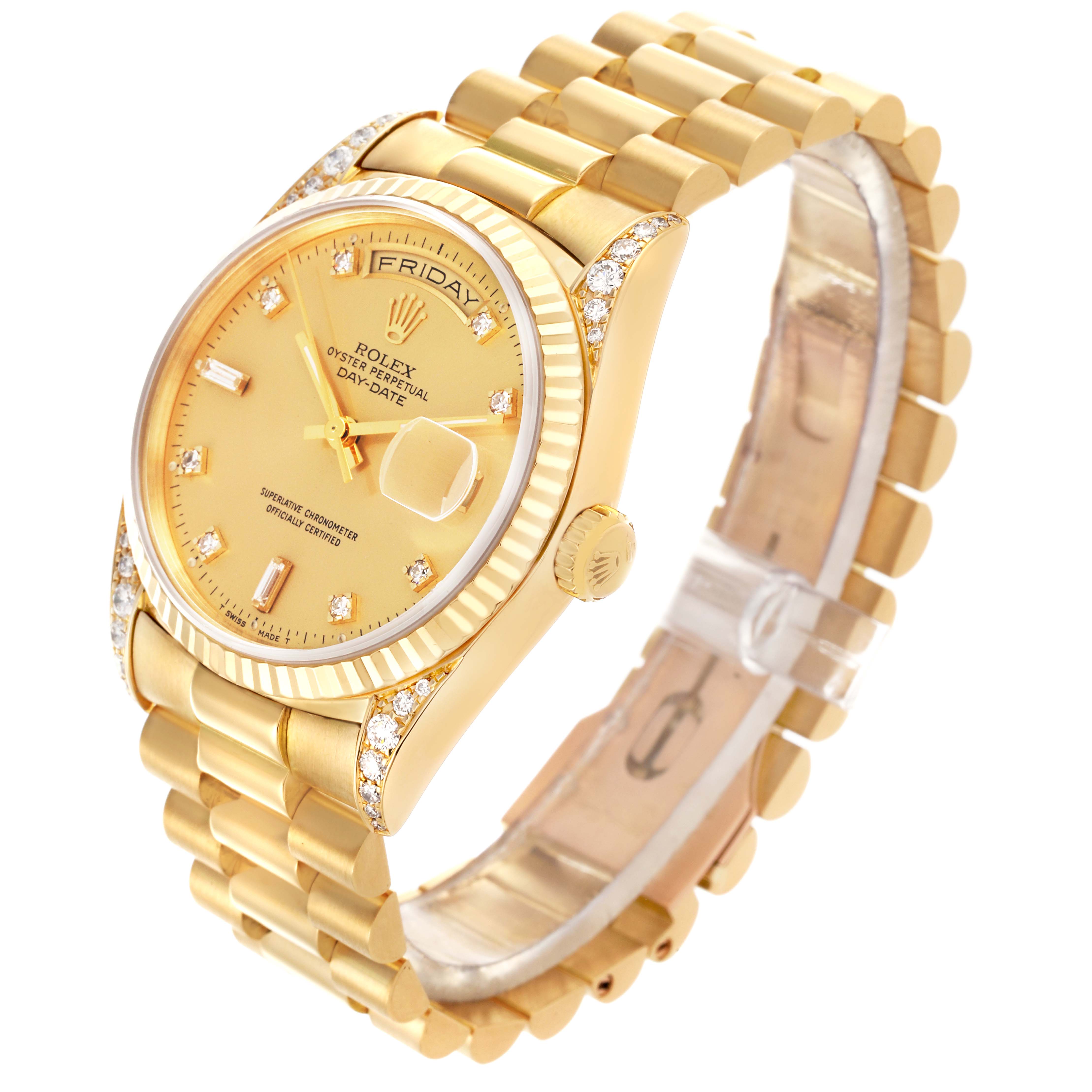 The Rolex President 18338 Men's Yellow Gold Champagne Dial 18338 Men's Yellow Gold Champagne Dial model is shown at an angled view, highlighting the dial, bezel, and bracelet.