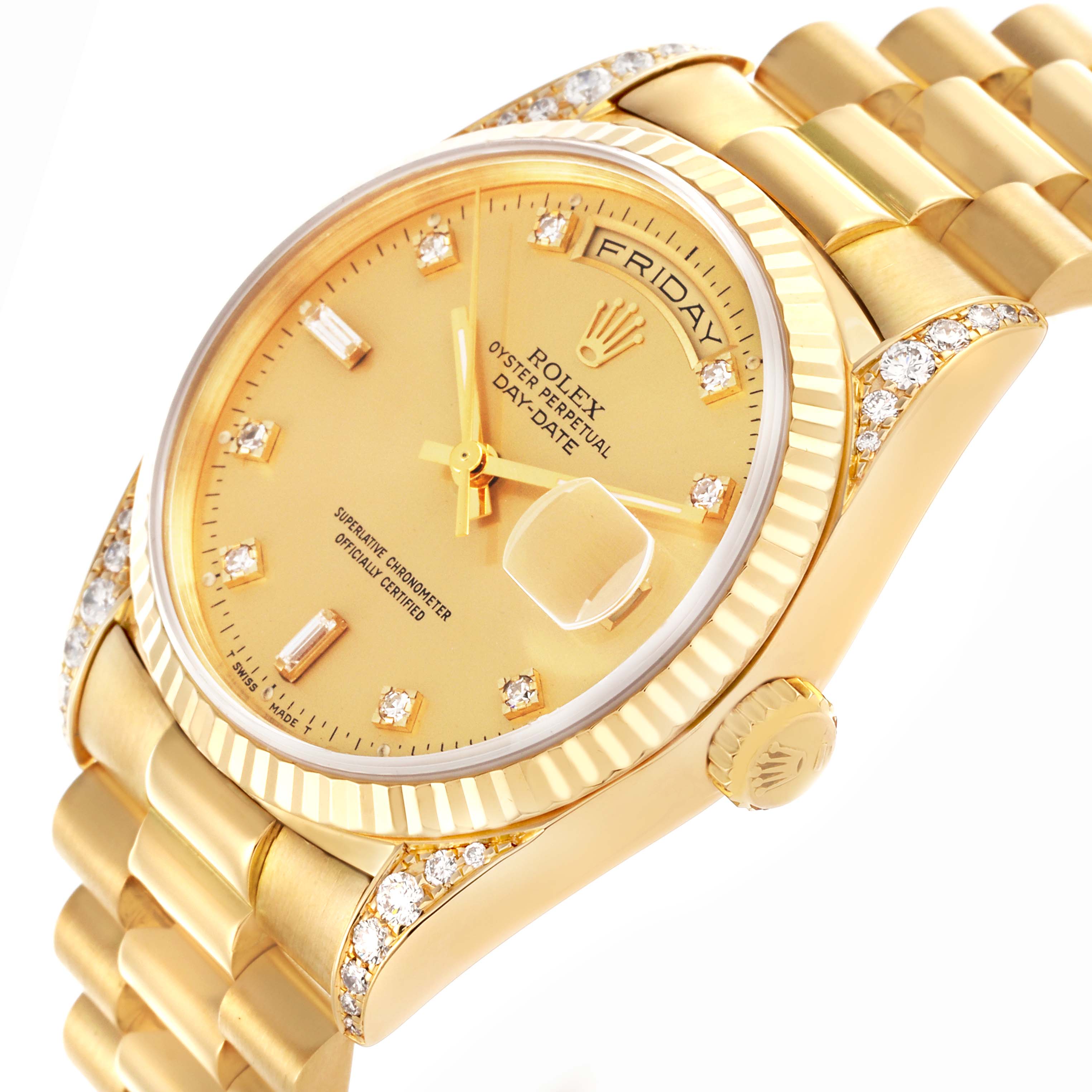 The Rolex President 18338 Men's Yellow Gold Champagne Dial 18338 Men's Yellow Gold Champagne Dial model is shown from a slightly angled perspective, displaying the dial, bracelet, and bejeweled lugs.
