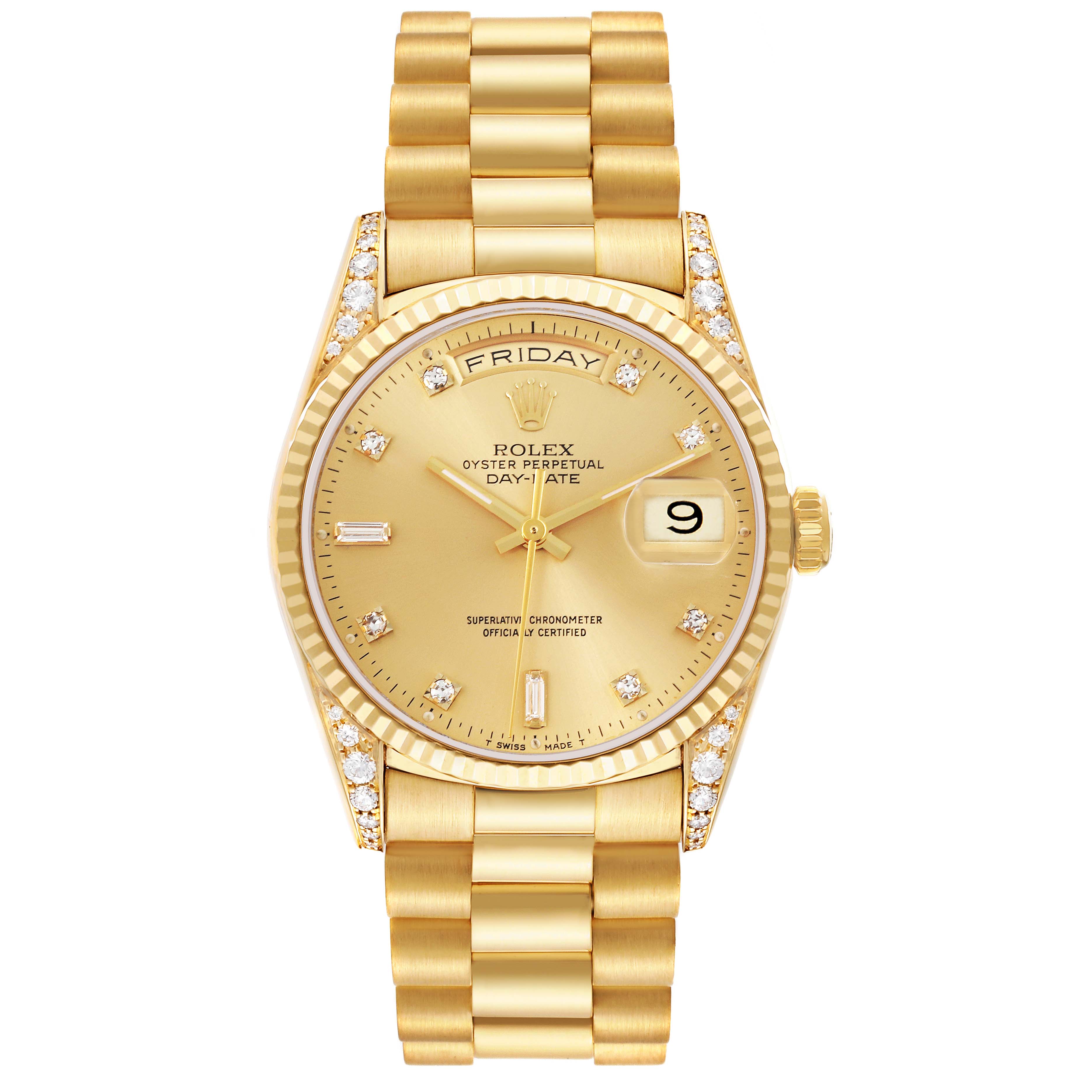 The Rolex President 18338 Men's Yellow Gold Champagne Dial 18338 Men's Yellow Gold Champagne Dial model watch is shown from a front angle, displaying its gold bracelet, diamond markers, and day-date features.