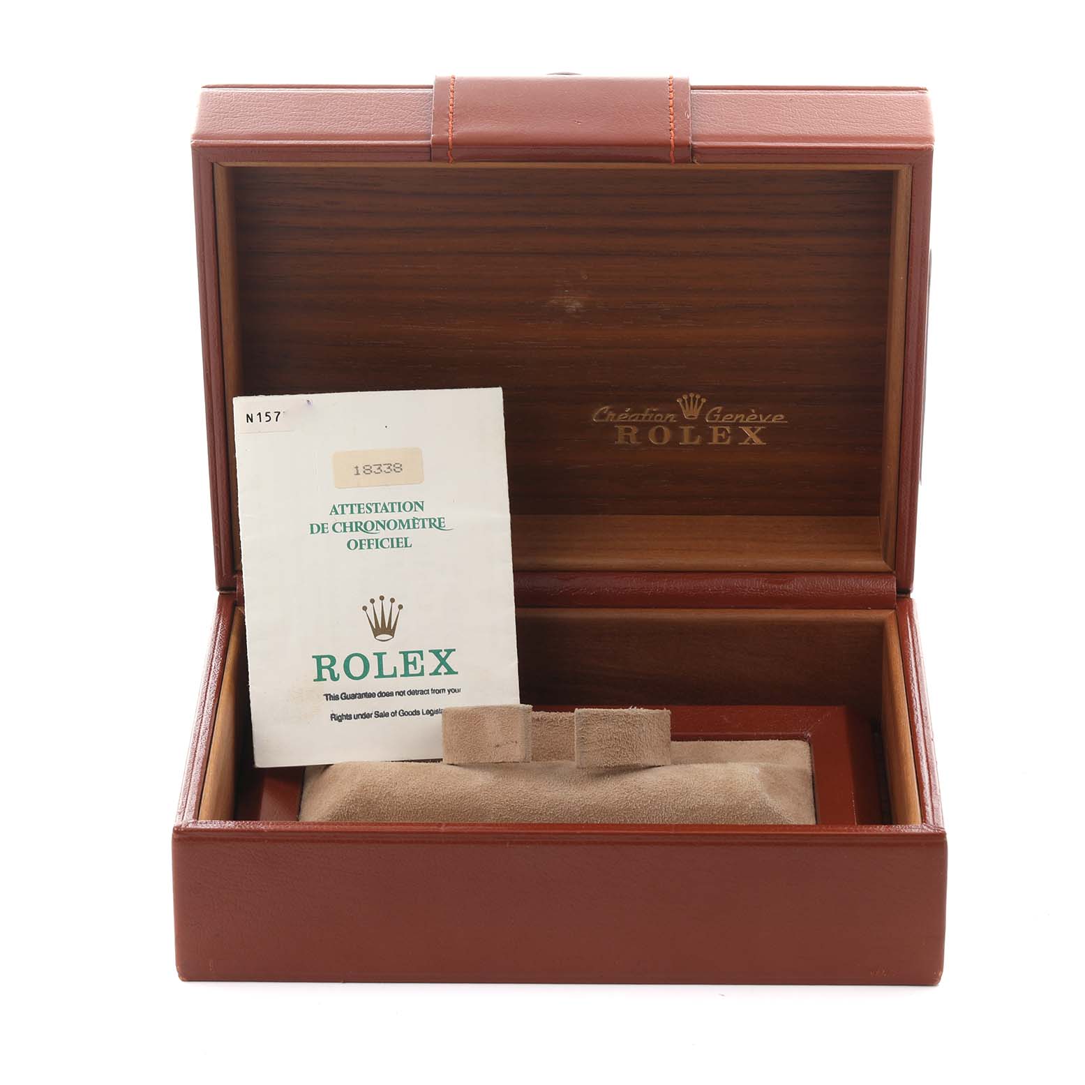 The image shows a Rolex President 18338 Men's Yellow Gold Champagne Dial 18338 Men's Yellow Gold Champagne Dial model's box with its certificate inside, viewed from a front angle.