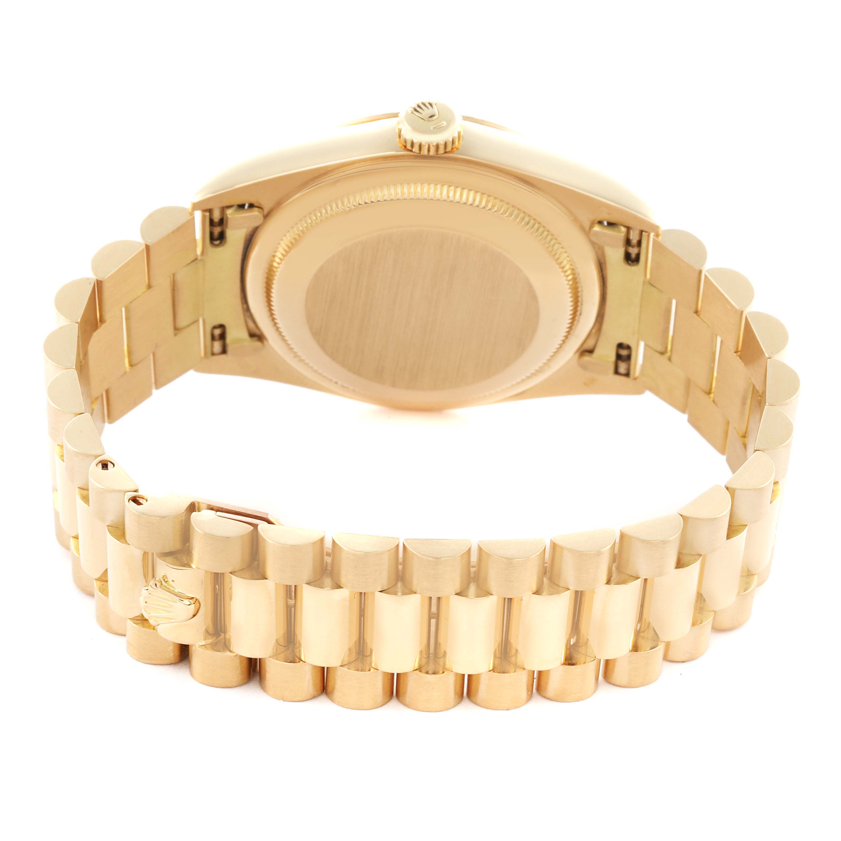The image shows the back view of a Rolex President 18338 Men's Yellow Gold Champagne Dial 18338 Men's Yellow Gold Champagne Dial watch, focusing on the gold bracelet and case back.