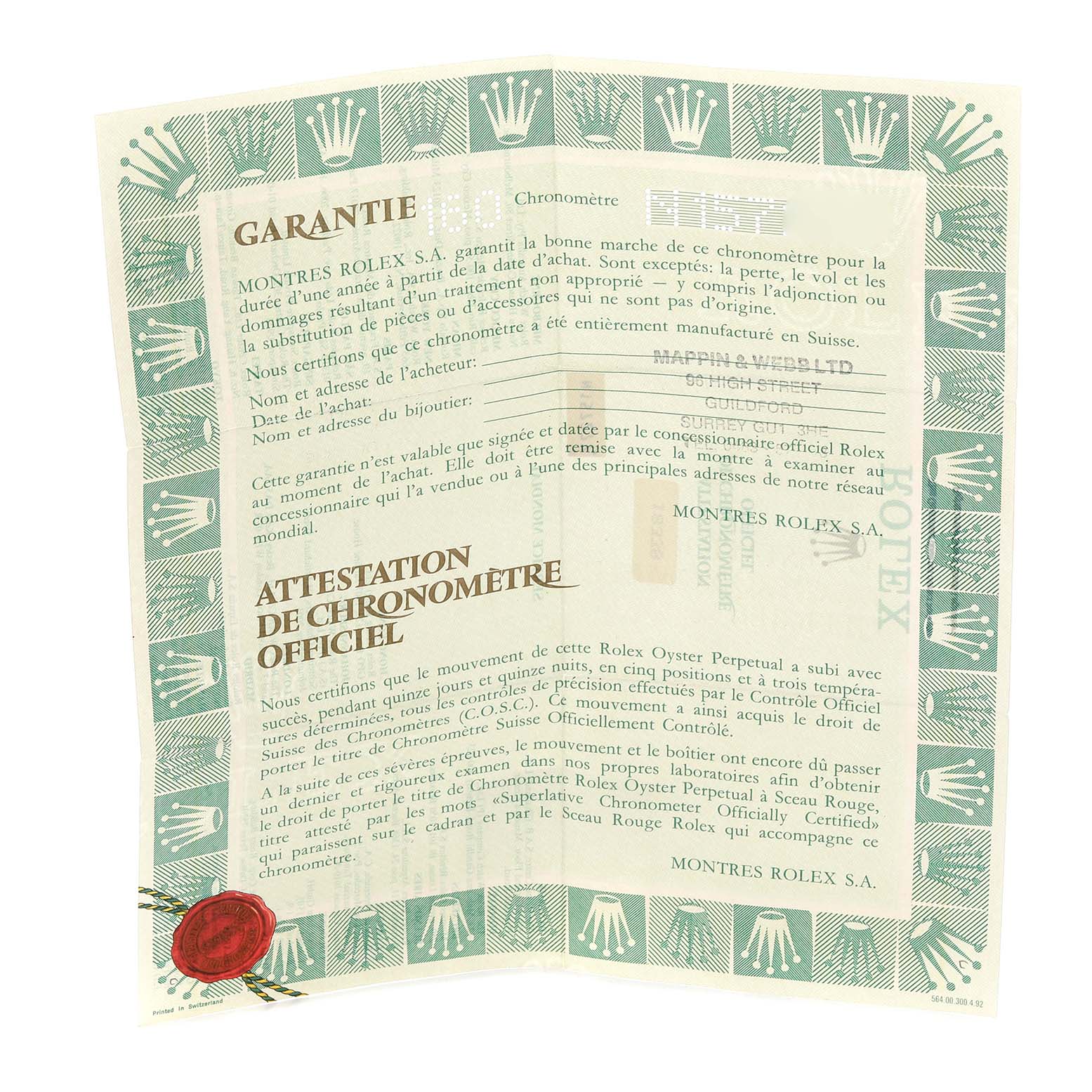 The image shows the official certificate or warranty document for a Rolex President 18338 Men's Yellow Gold Champagne Dial 18338 Men's Yellow Gold Champagne Dial model watch, not the watch itself.