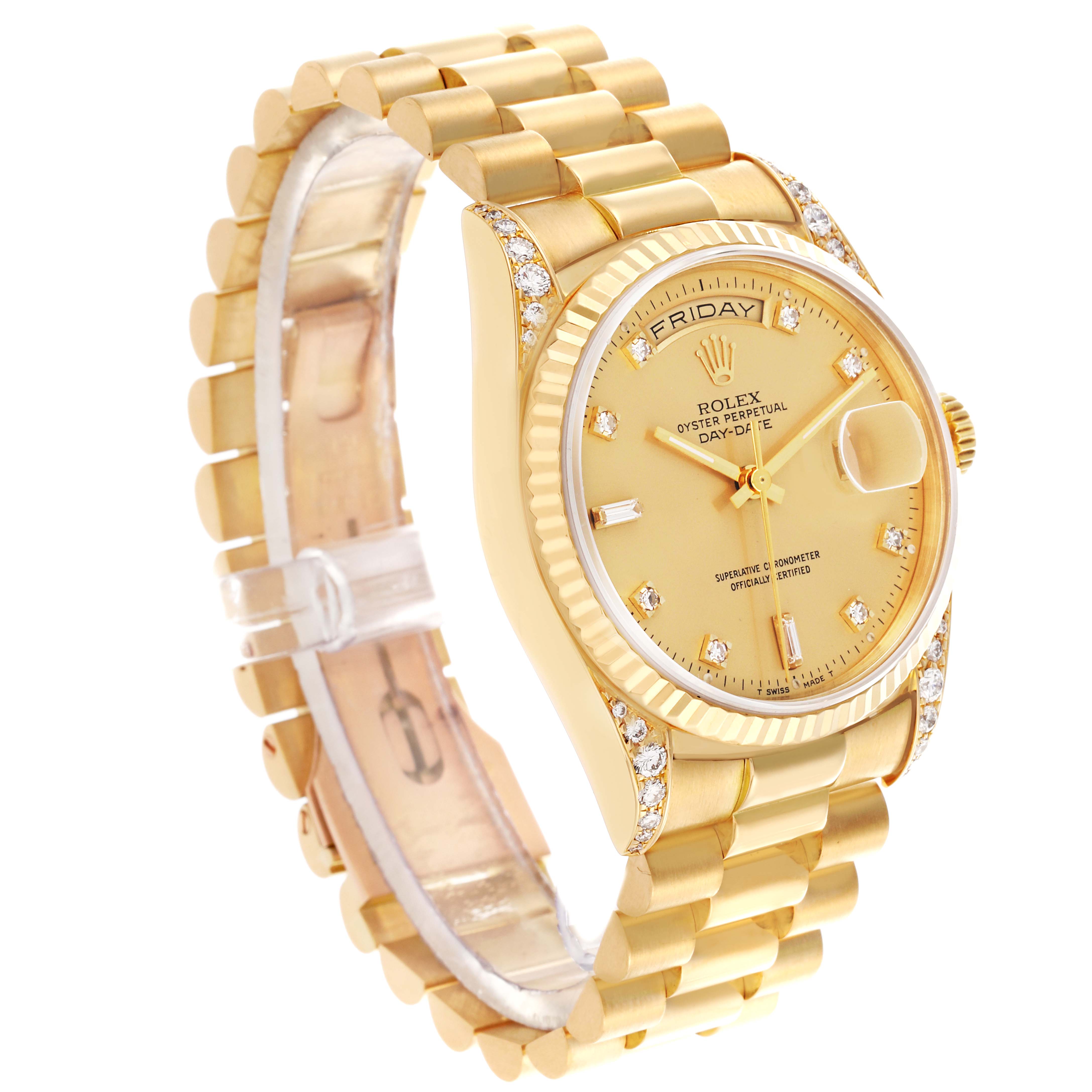 The Rolex President 18338 Men's Yellow Gold Champagne Dial 18338 Men's Yellow Gold Champagne Dial watch is shown at an angled view highlighting the face, bracelet, and bezel with diamond embellishments.