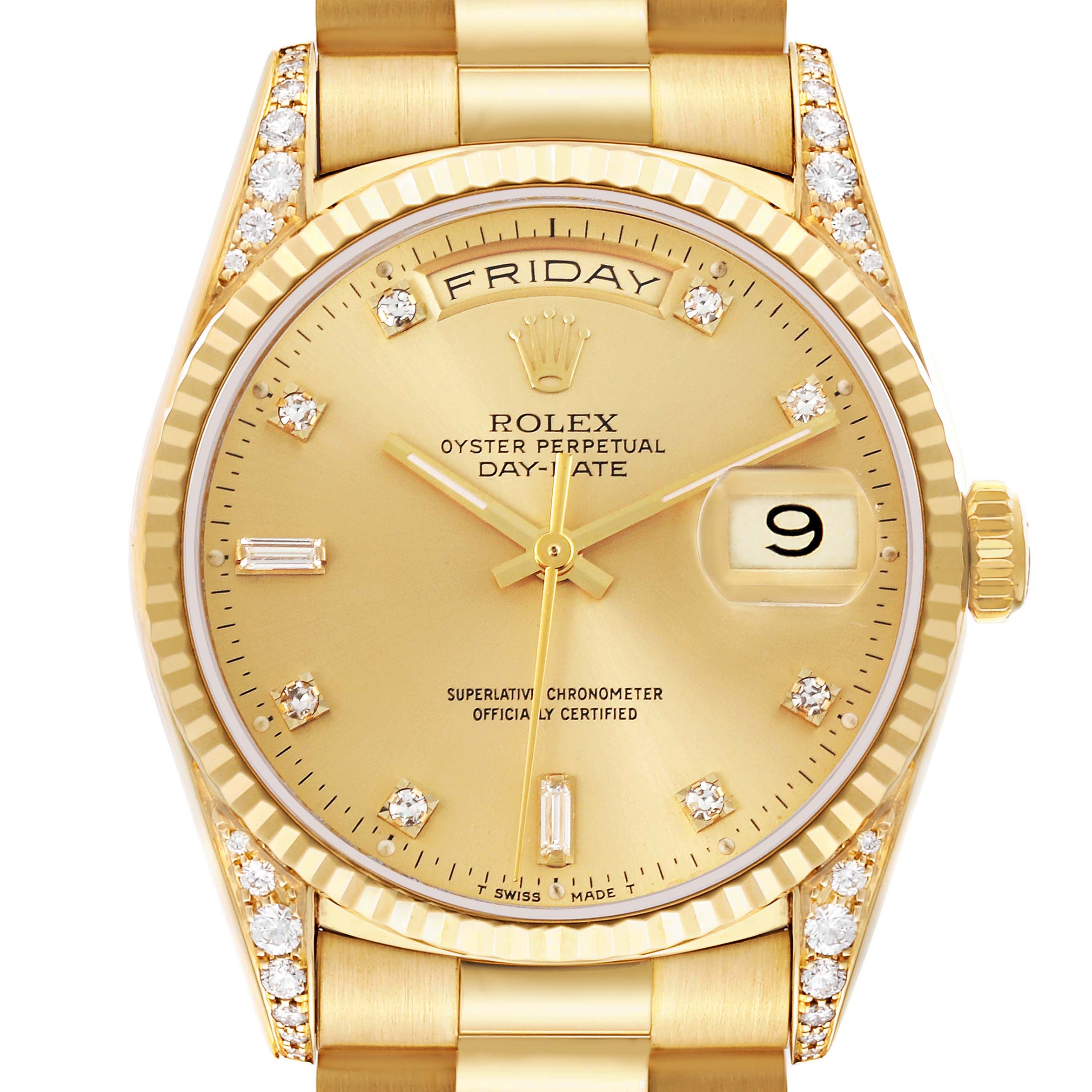 The image shows a front view of the Rolex President 18338 Men's Yellow Gold Champagne Dial 18338 Men's Yellow Gold Champagne Dial model, highlighting its gold dial, diamond hour markers, and day-date features.