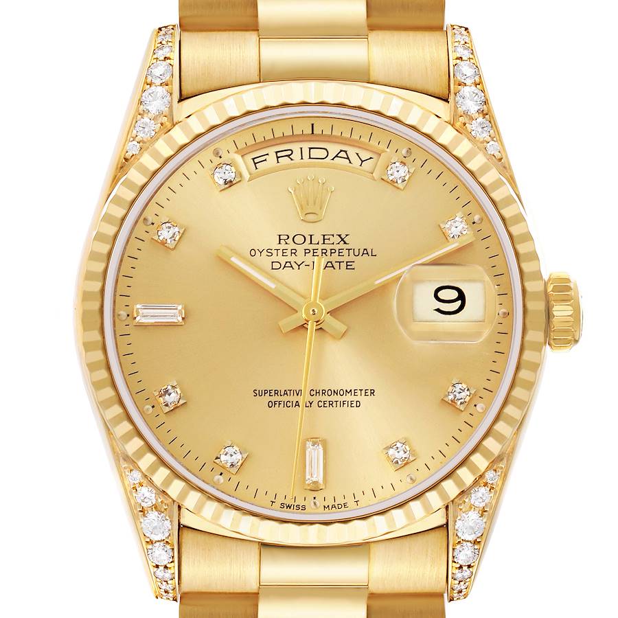 The image shows a front view of the Rolex President model, highlighting its gold dial, diamond hour markers, and day-date features.