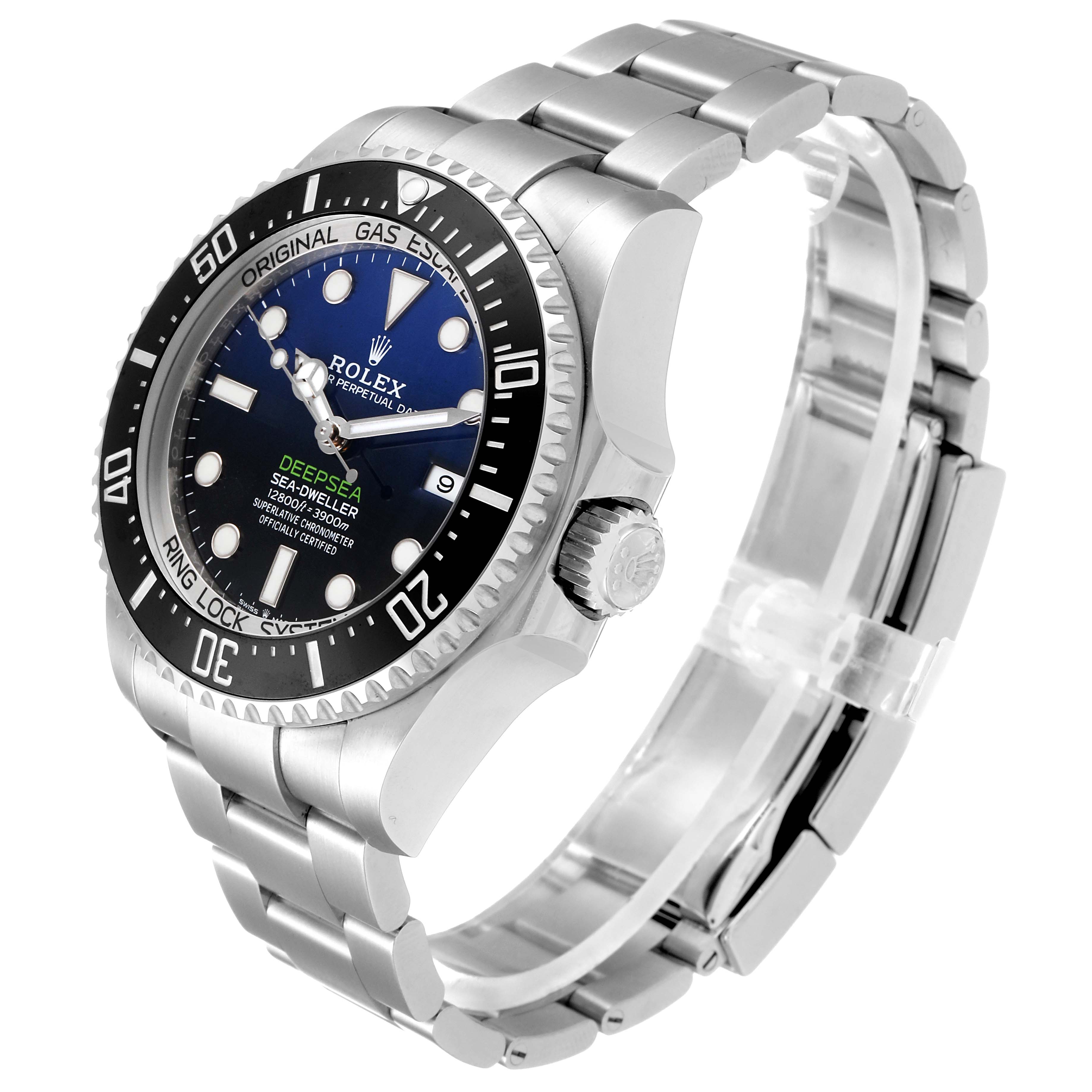 The image shows a Rolex Sea-Dweller 126660 Men's Stainless Steel Blue Dial 126660 Men's Stainless Steel Blue Dial watch at a three-quarter angle, highlighting the dial, bezel, case, and metal bracelet.