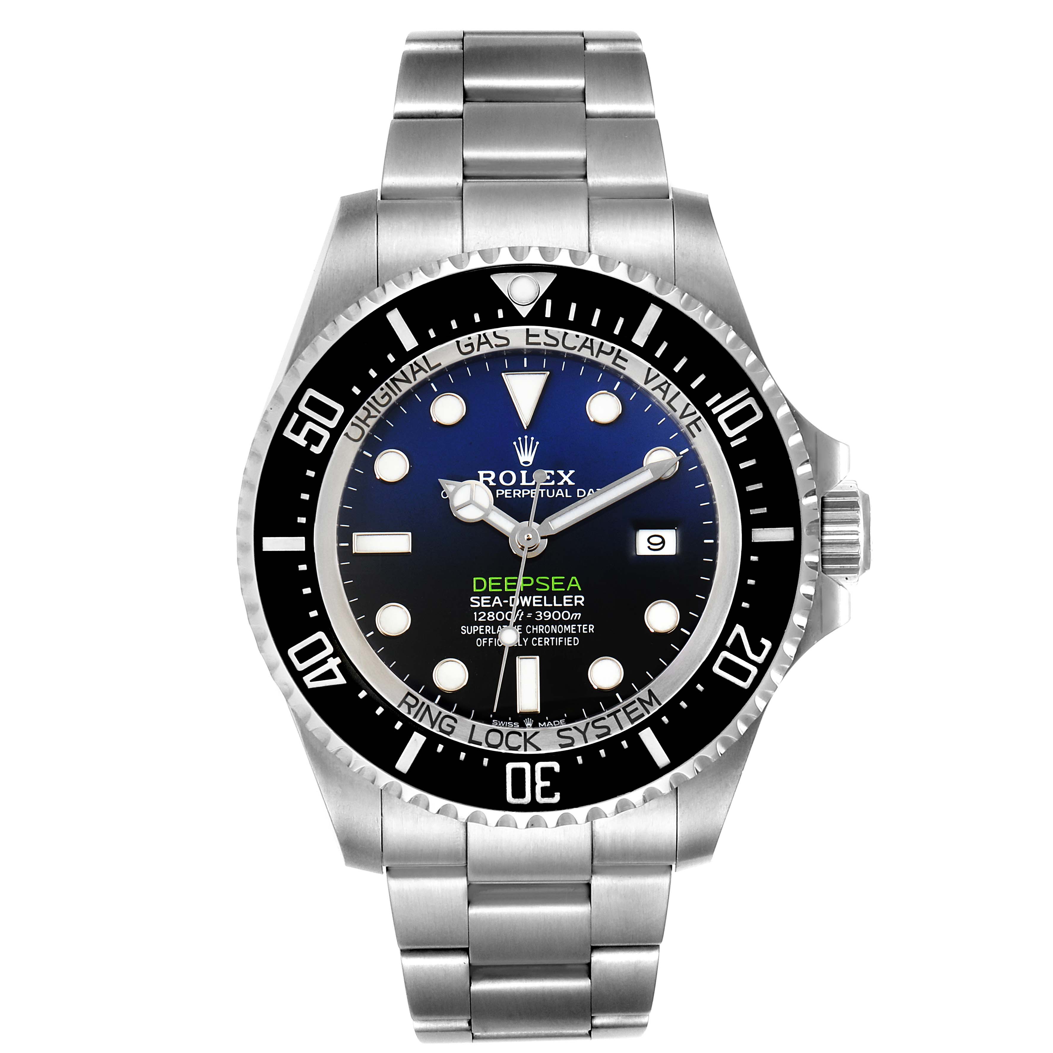 The image shows a front view of the Rolex Sea-Dweller 126660 Men's Stainless Steel Blue Dial 126660 Men's Stainless Steel Blue Dial watch's face, bezel, and bracelet.