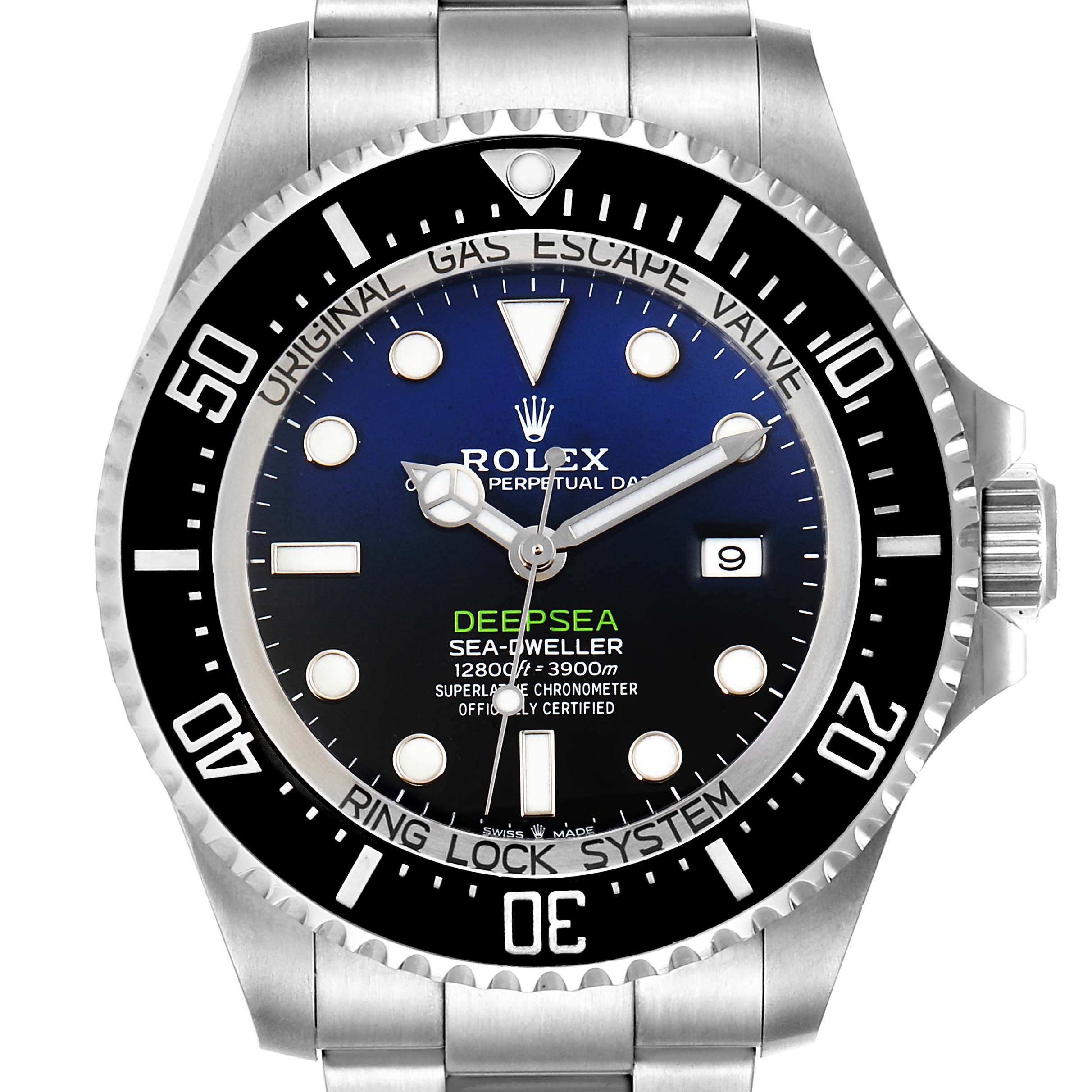 The image shows a front view of a Rolex Sea-Dweller 126660 Men's Stainless Steel Blue Dial 126660 Men's Stainless Steel Blue Dial Deepsea watch, displaying its dial, bezel, and bracelet.