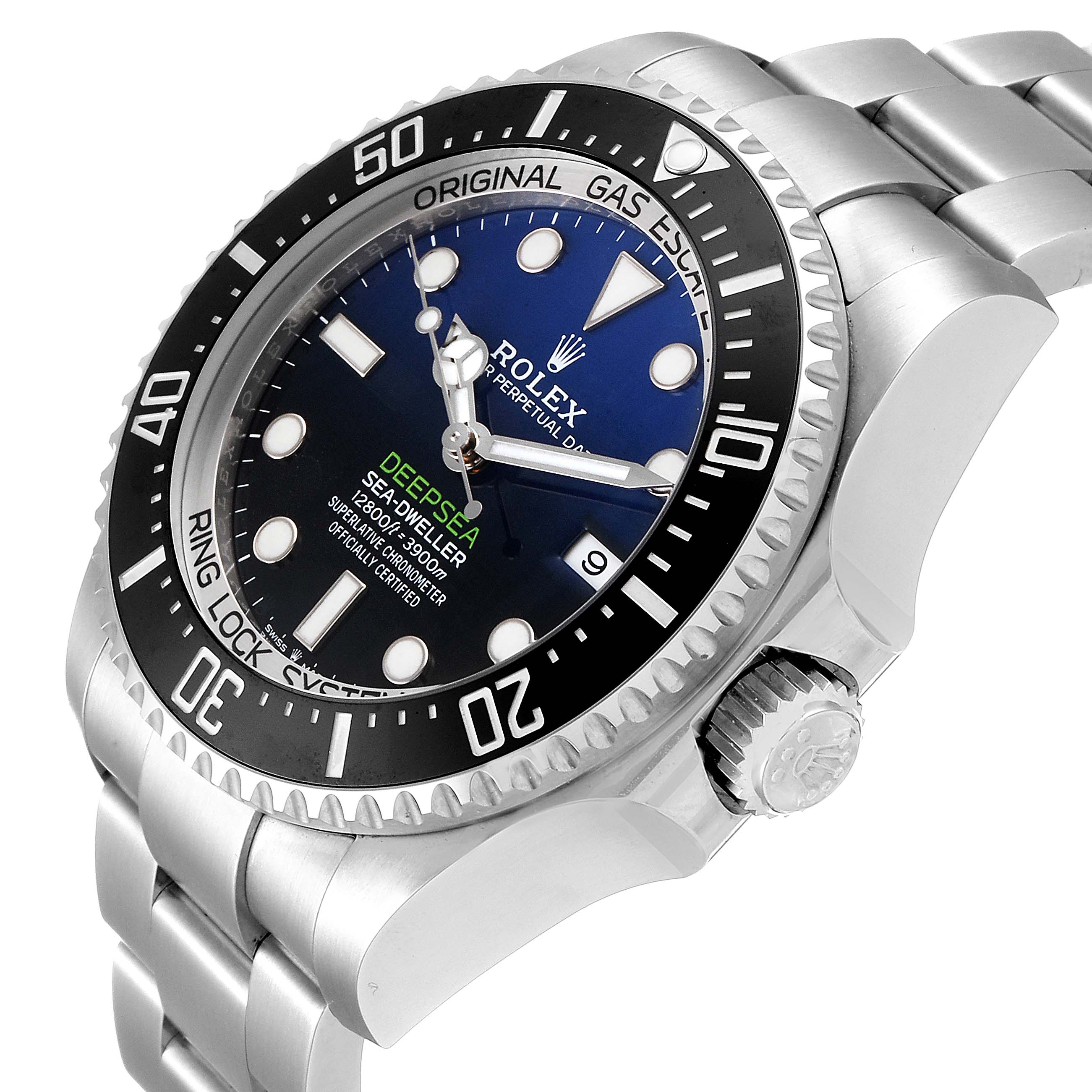 The Rolex Sea-Dweller 126660 Men's Stainless Steel Blue Dial 126660 Men's Stainless Steel Blue Dial watch is shown at a slight angle, displaying the face, bezel, crown, and part of the bracelet.