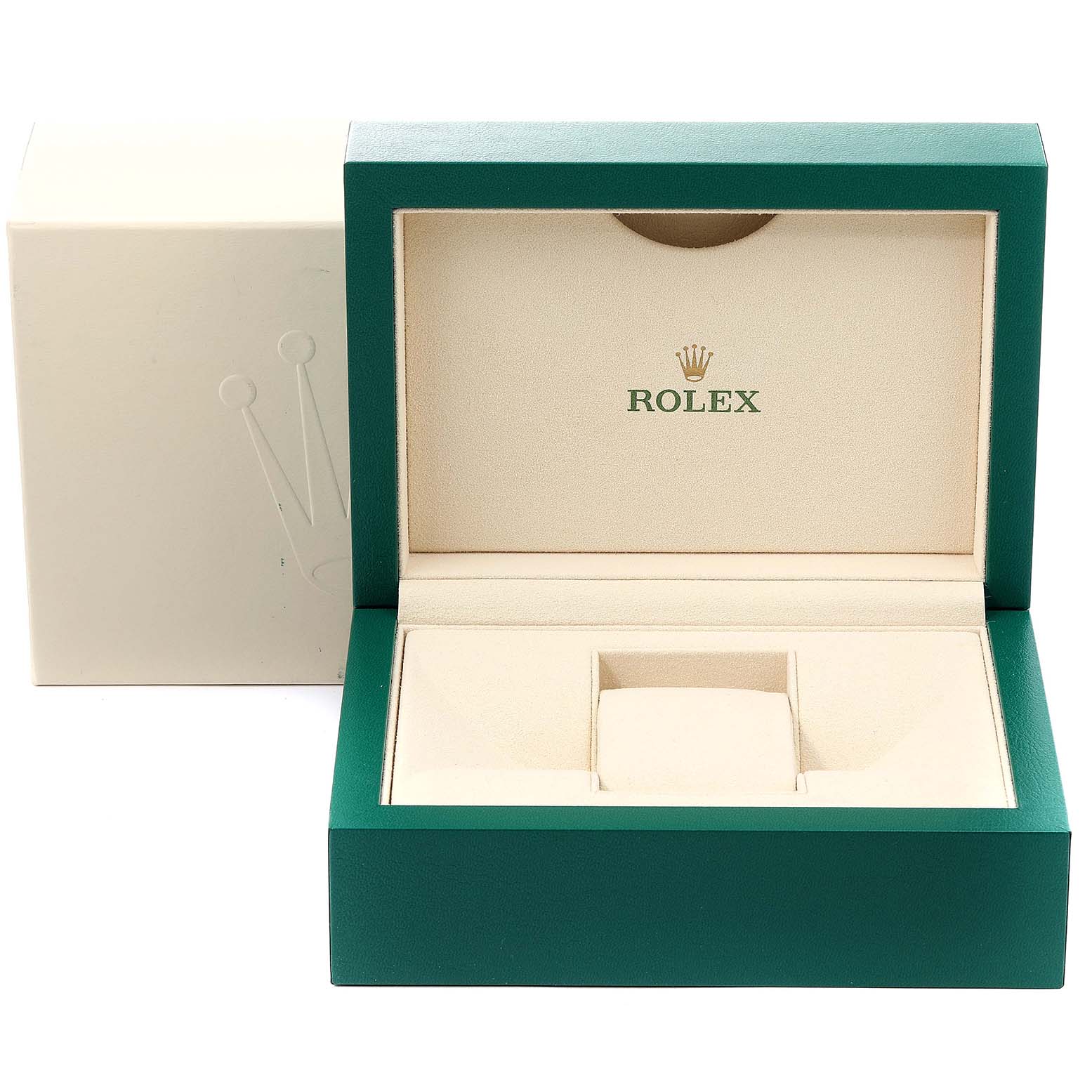This image shows an open Rolex watch box with the brand's logo, but the Sea-Dweller watch is not present.