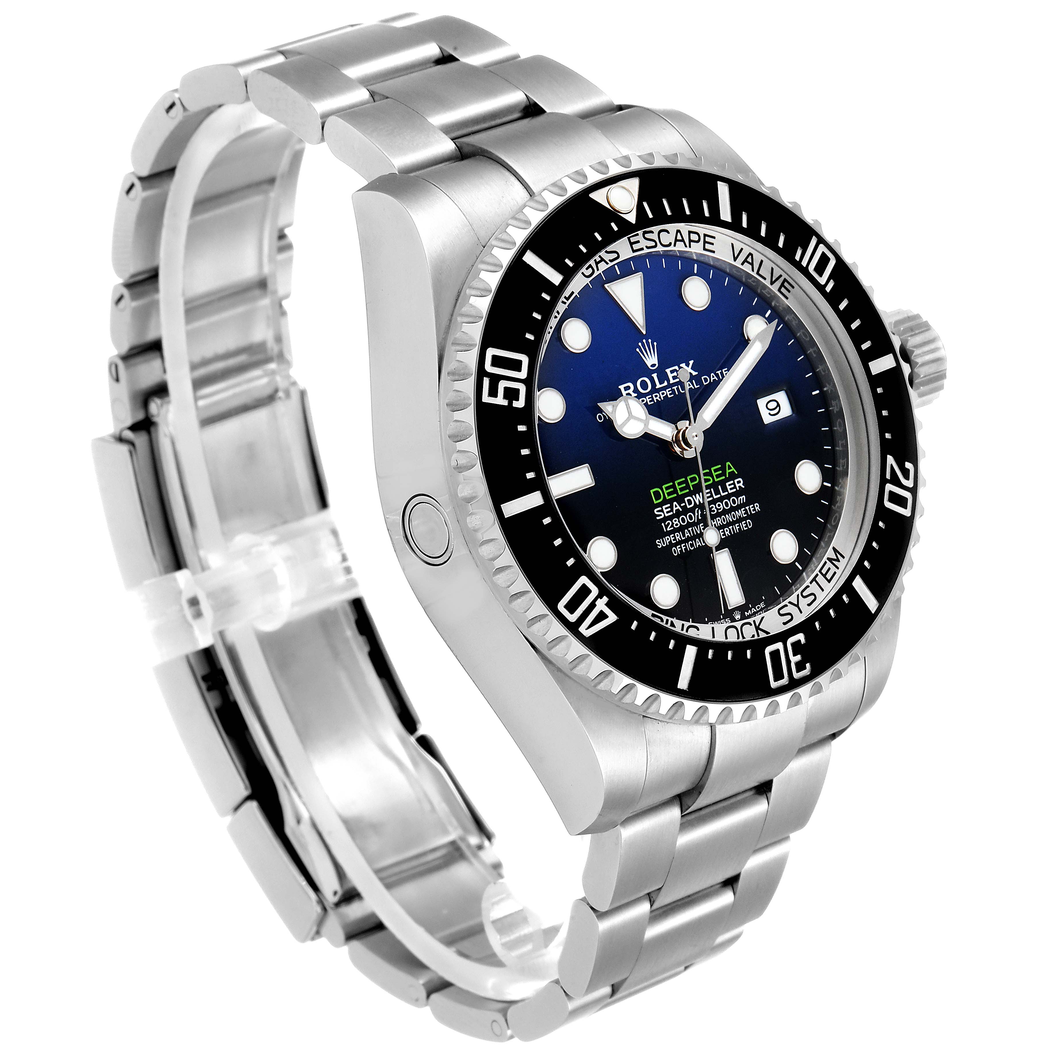 The image shows a side profile view of a Rolex Sea-Dweller 126660 Men's Stainless Steel Blue Dial 126660 Men's Stainless Steel Blue Dial watch, displaying the dial, bezel, case, bracelet, and helium escape valve.
