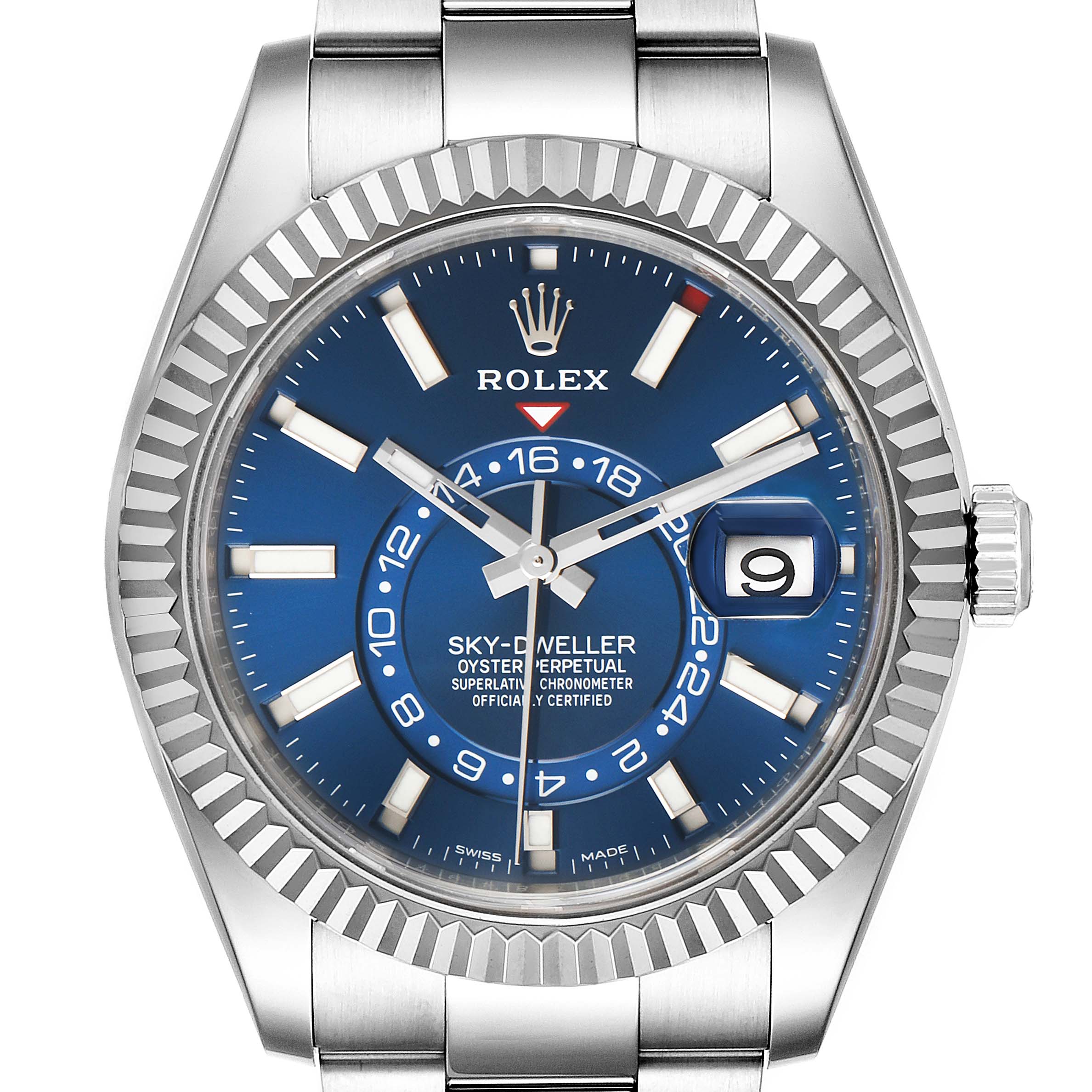 The image shows a front view of a Rolex Sky-Dweller 326934 Men's Stainless Steel Blue Dial 326934 Men's Stainless Steel Blue Dial, displaying its blue dial, fluted bezel, and hour markers.