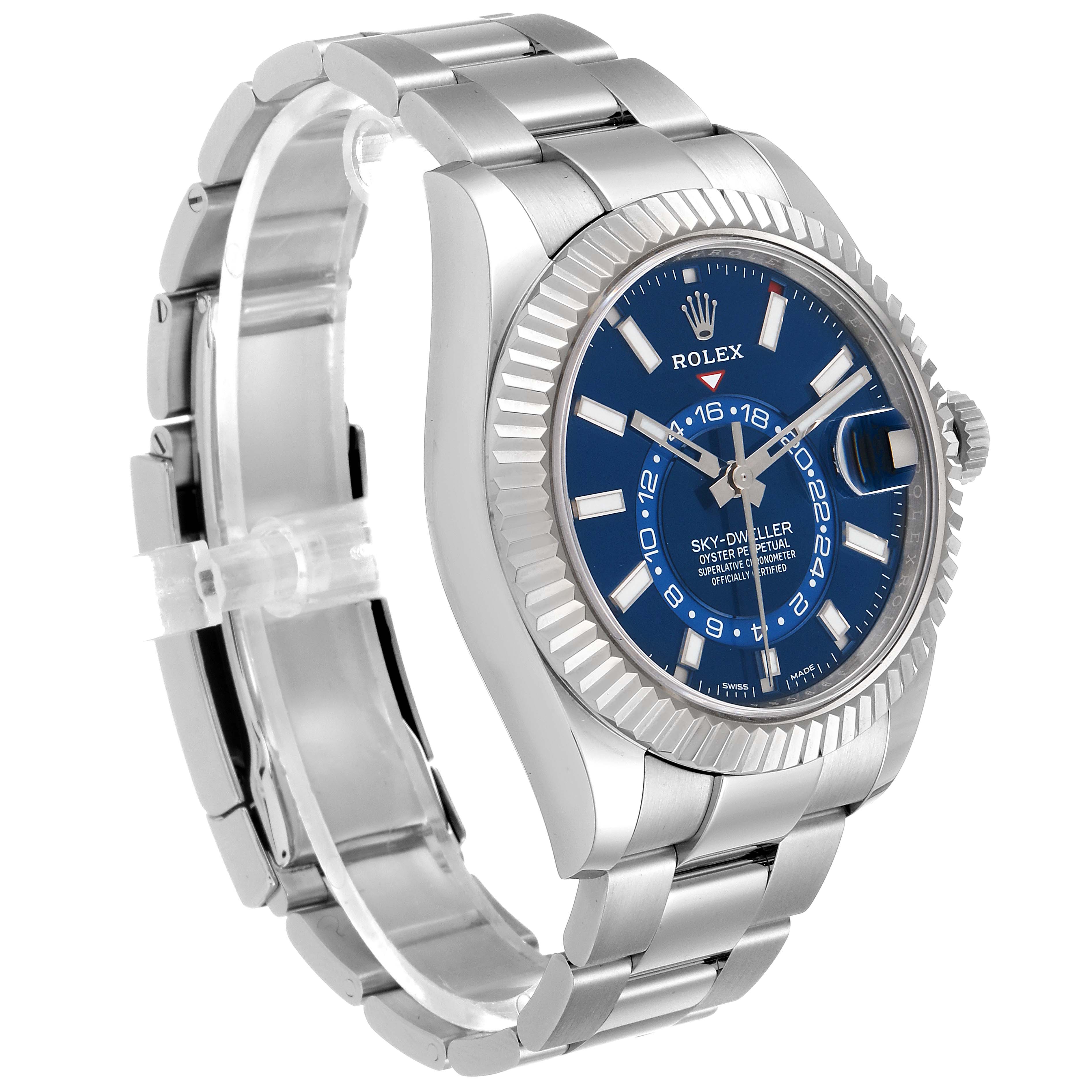 The Rolex Sky-Dweller 326934 Men's Stainless Steel Blue Dial 326934 Men's Stainless Steel Blue Dial watch is shown at a slight angle, displaying the face, bezel, crown, and part of the bracelet.