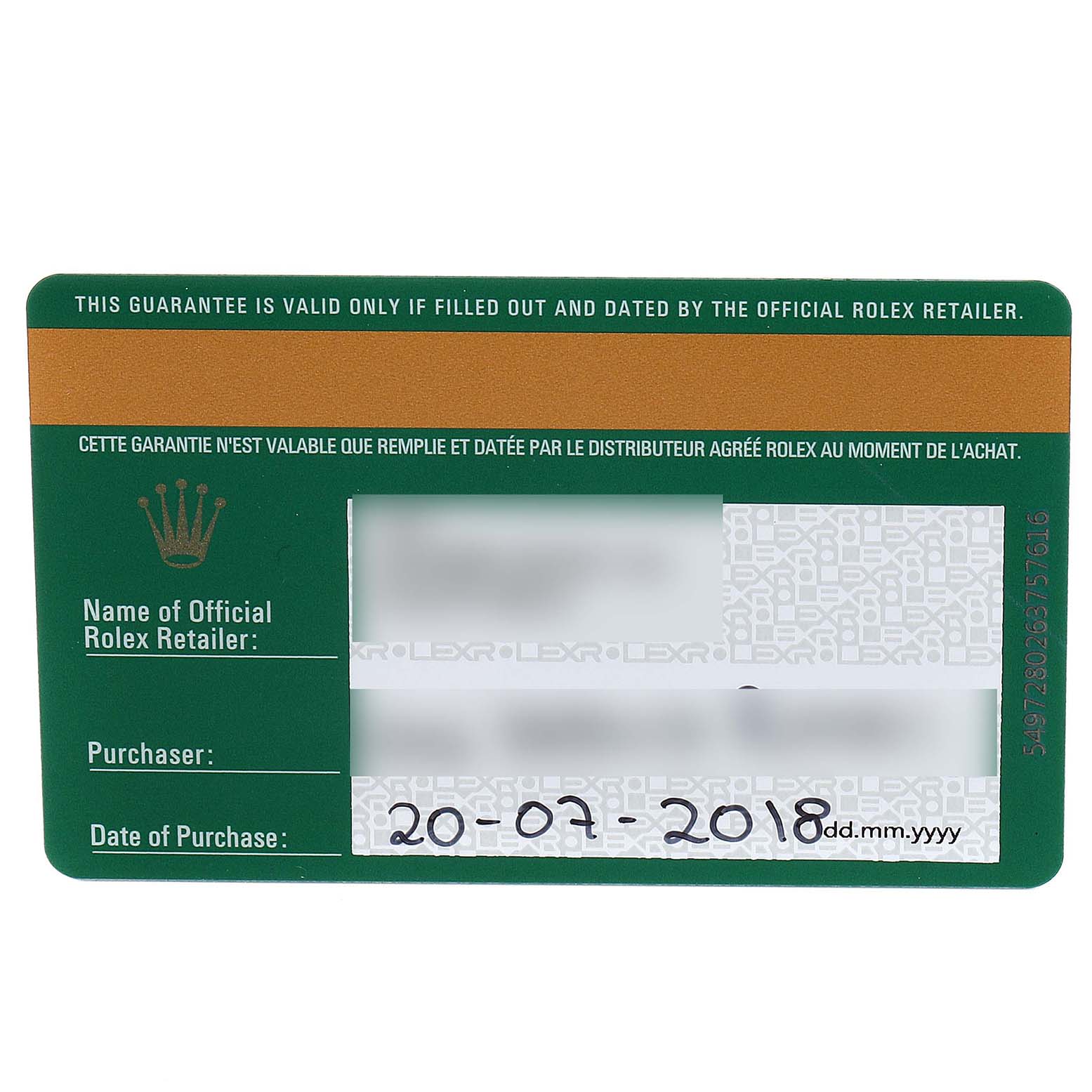 The image shows a warranty card for a Rolex Sky-Dweller 326934 Men's Stainless Steel Blue Dial 326934 Men's Stainless Steel Blue Dial, containing purchase details and retailer information.