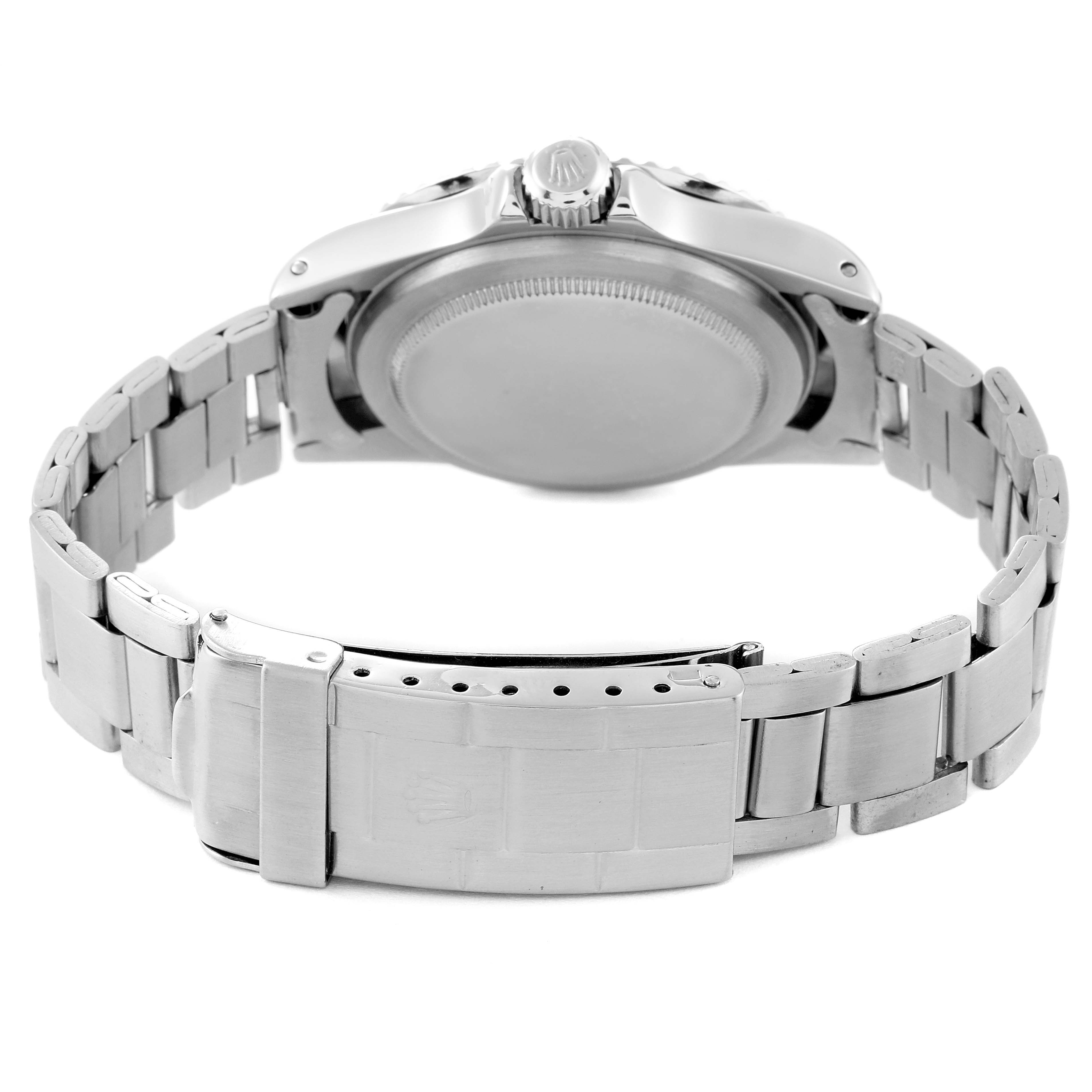 This image shows the back view of a Rolex Vintage Collection 5513 Men
s Stainless Steel Black Dial 5513 Men
s Stainless Steel Black Dial model watch, including the case, crown, and bracelet clasp.