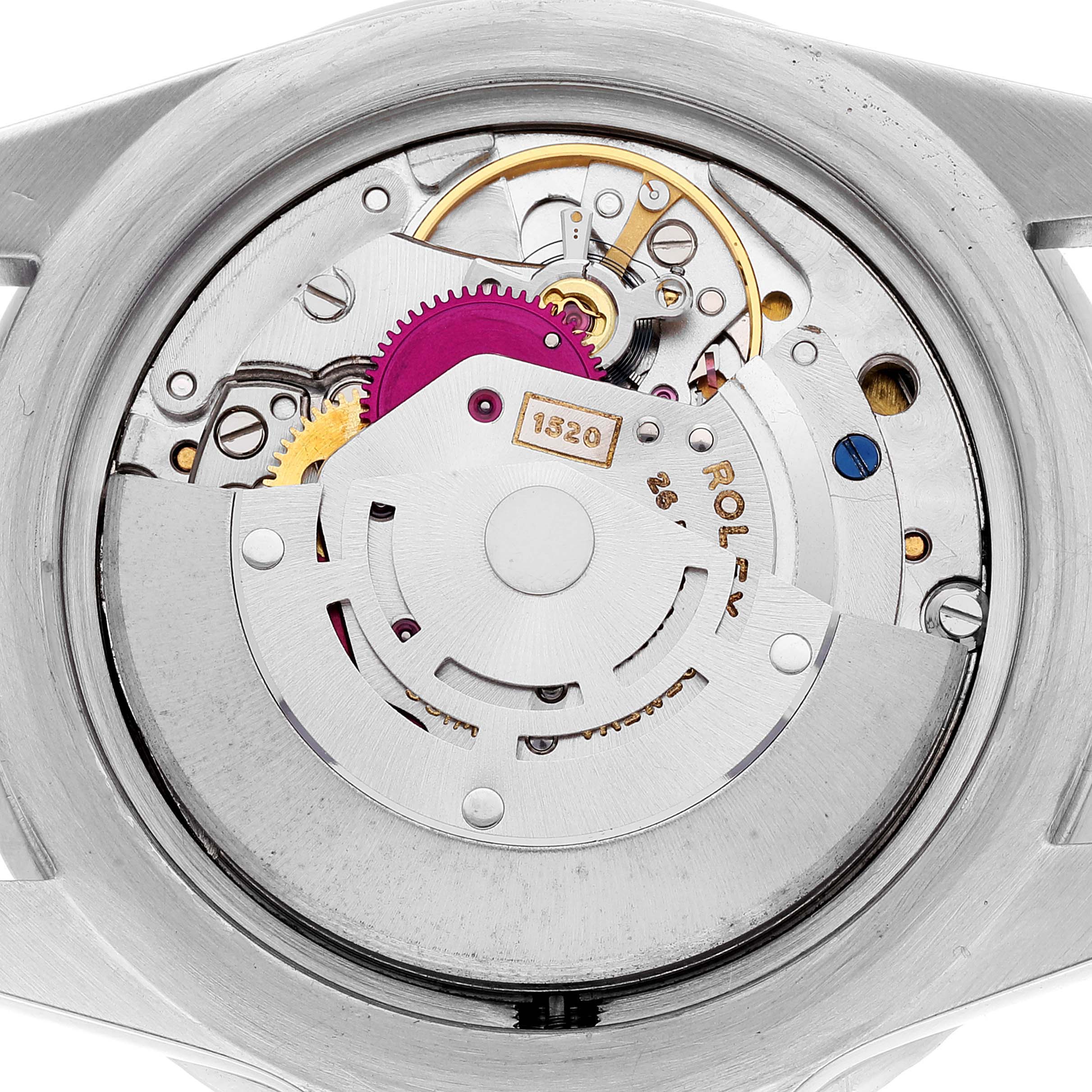 The image shows the intricate inner mechanism of a Rolex Vintage Collection 5513 Men
s Stainless Steel Black Dial 5513 Men
s Stainless Steel Black Dial model watch viewed from the back.