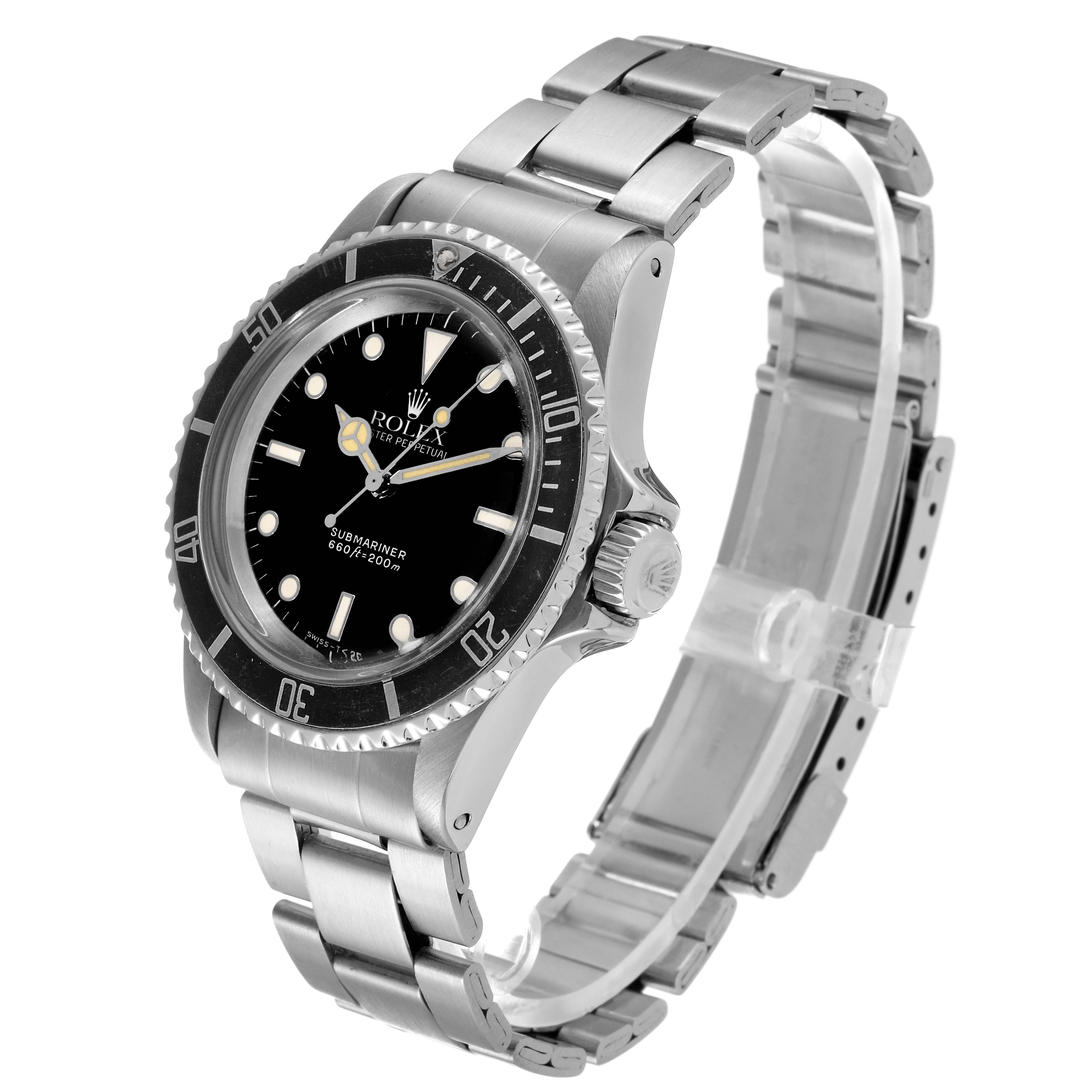 This image shows a Rolex Vintage Collection 5513 Men
s Stainless Steel Black Dial 5513 Men
s Stainless Steel Black Dial watch at a three-quarter angle, highlighting its face, bezel, crown, and bracelet.