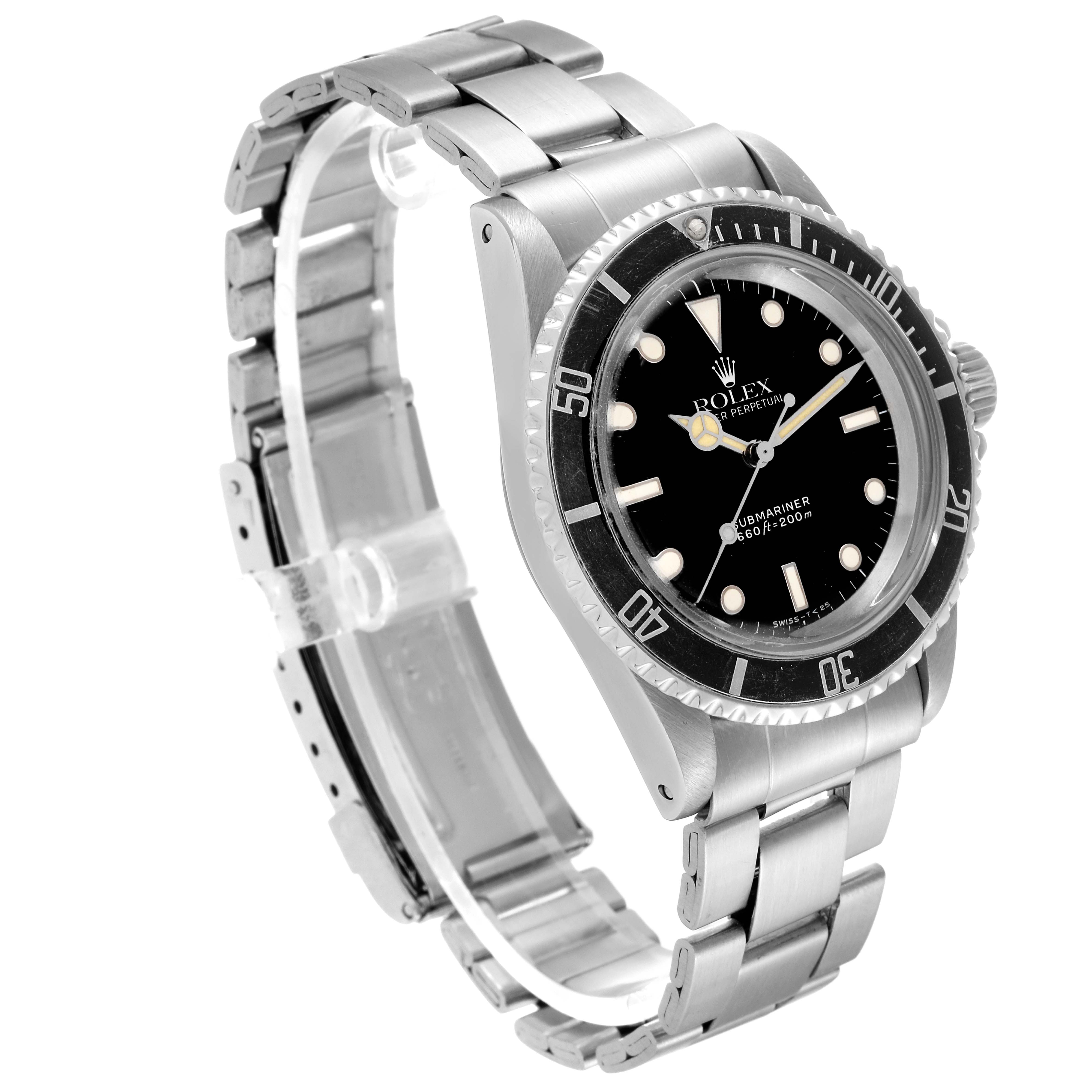The image shows a Rolex Vintage Collection 5513 Men
s Stainless Steel Black Dial 5513 Men
s Stainless Steel Black Dial model watch, angled to display its face, bezel, crown, and metal bracelet.