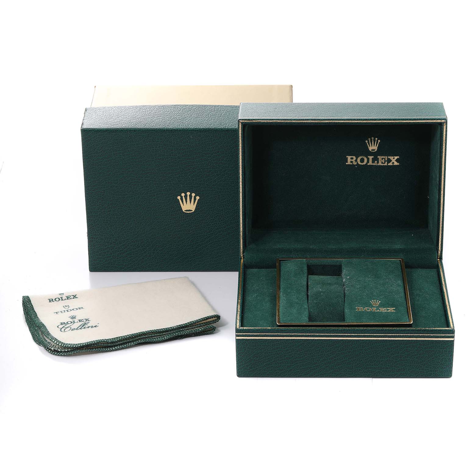The image shows the packaging, box, and cleaning cloth of the Rolex Vintage Collection 5513 Men
s Stainless Steel Black Dial 5513 Men
s Stainless Steel Black Dial watch.