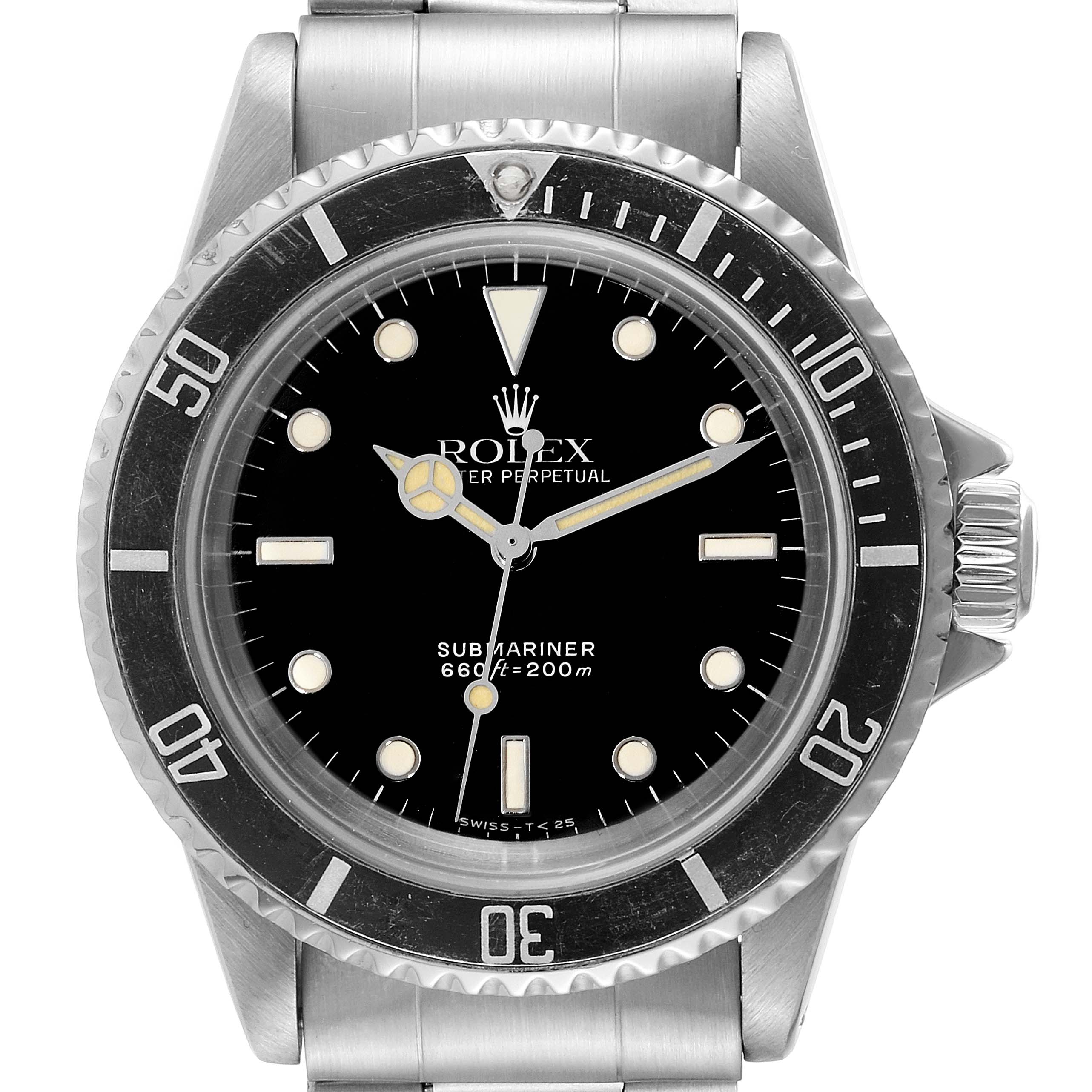 The image shows a frontal view of the Rolex Vintage Collection 5513 Men
s Stainless Steel Black Dial 5513 Men
s Stainless Steel Black Dial Submariner watch, highlighting its dial, bezel, and crown.