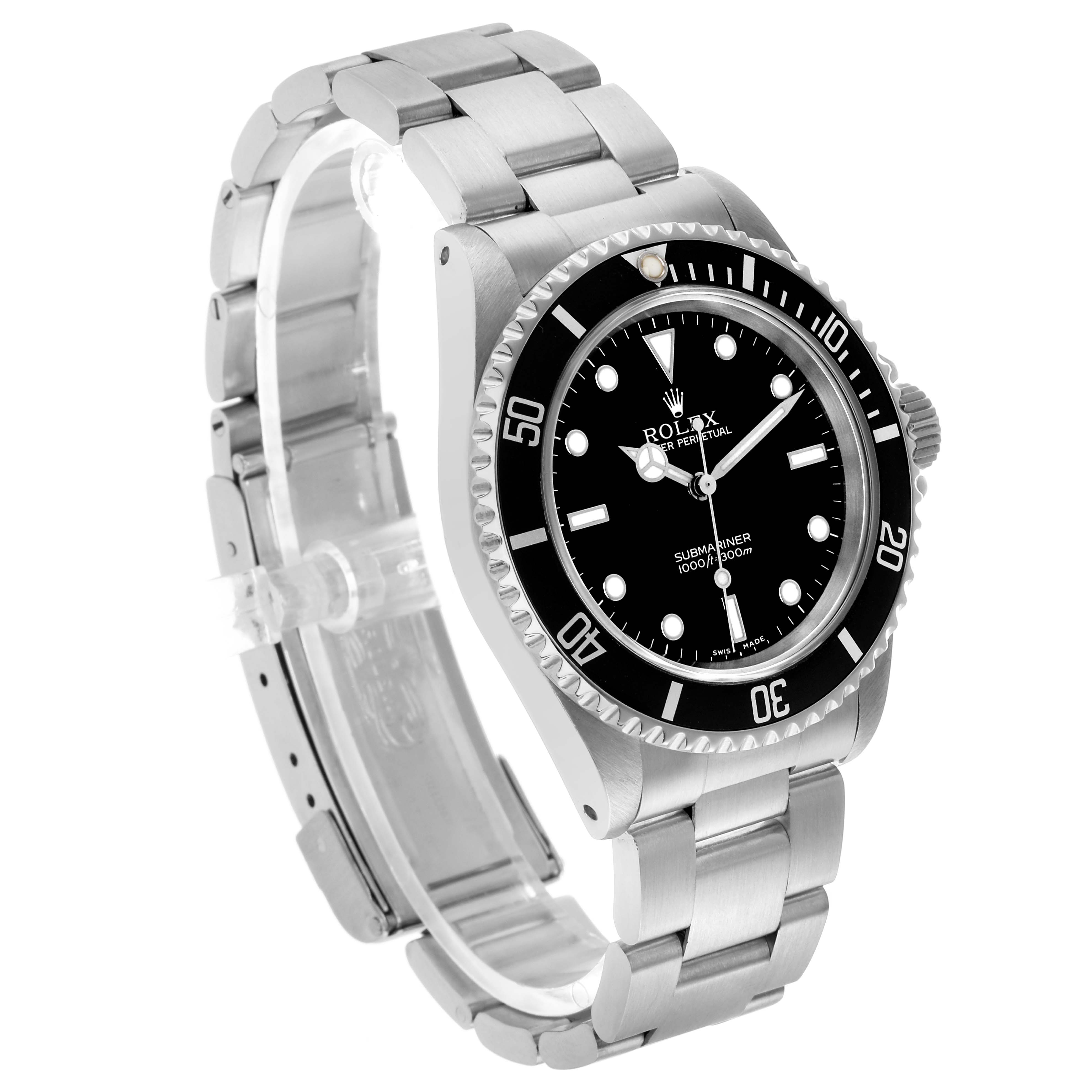 The Rolex Submariner 14060M Men's Stainless Steel Black Dial watch is shown at a three-quarter angle, displaying the front dial, bezel, case, and bracelet.