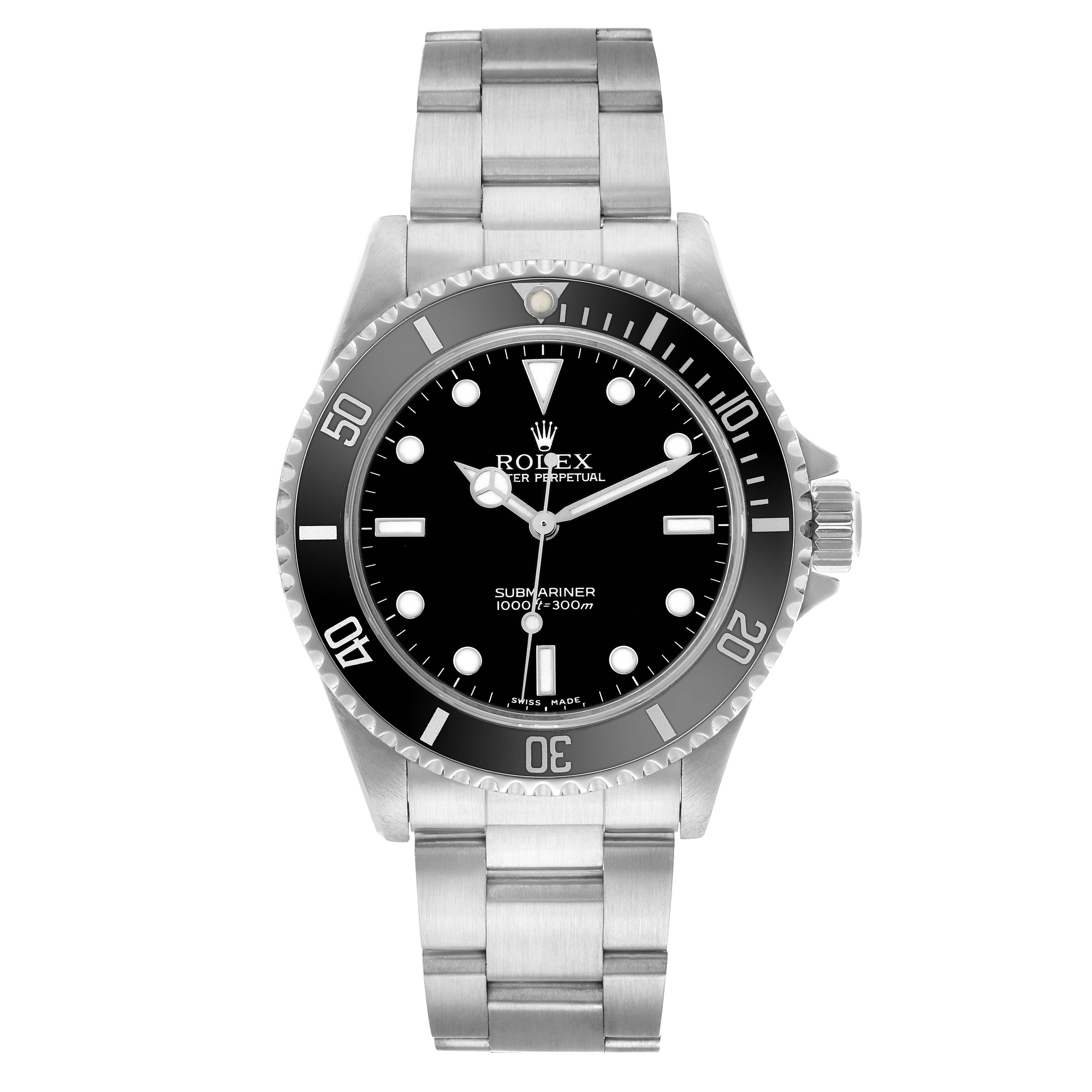 The Rolex Submariner 14060M Men's Stainless Steel Black Dial watch is shown from the front, highlighting the dial, bezel, and bracelet.