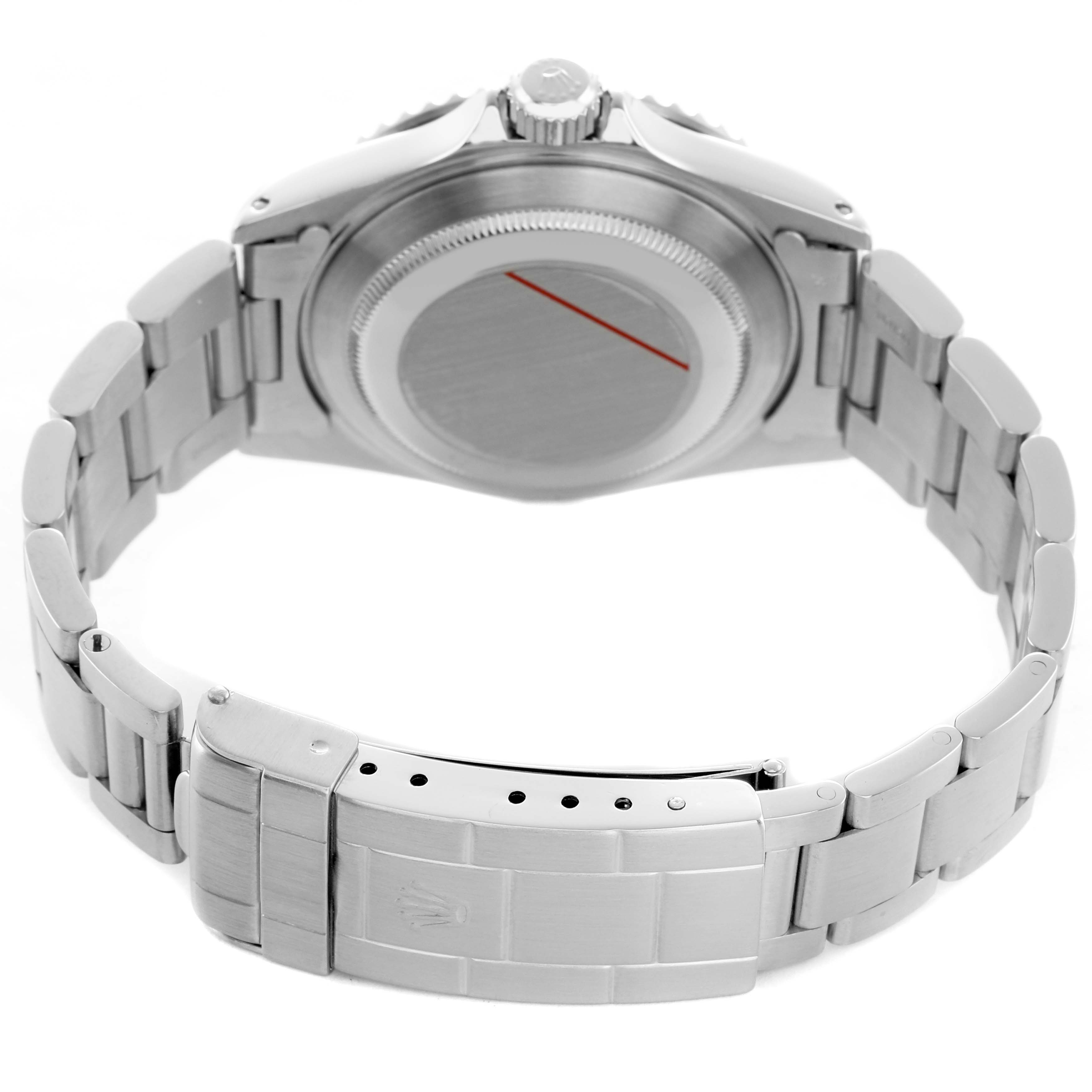 The image shows the backside of a Rolex Submariner 14060M Men's Stainless Steel Black Dial, highlighting the bracelet, case back, and clasp.