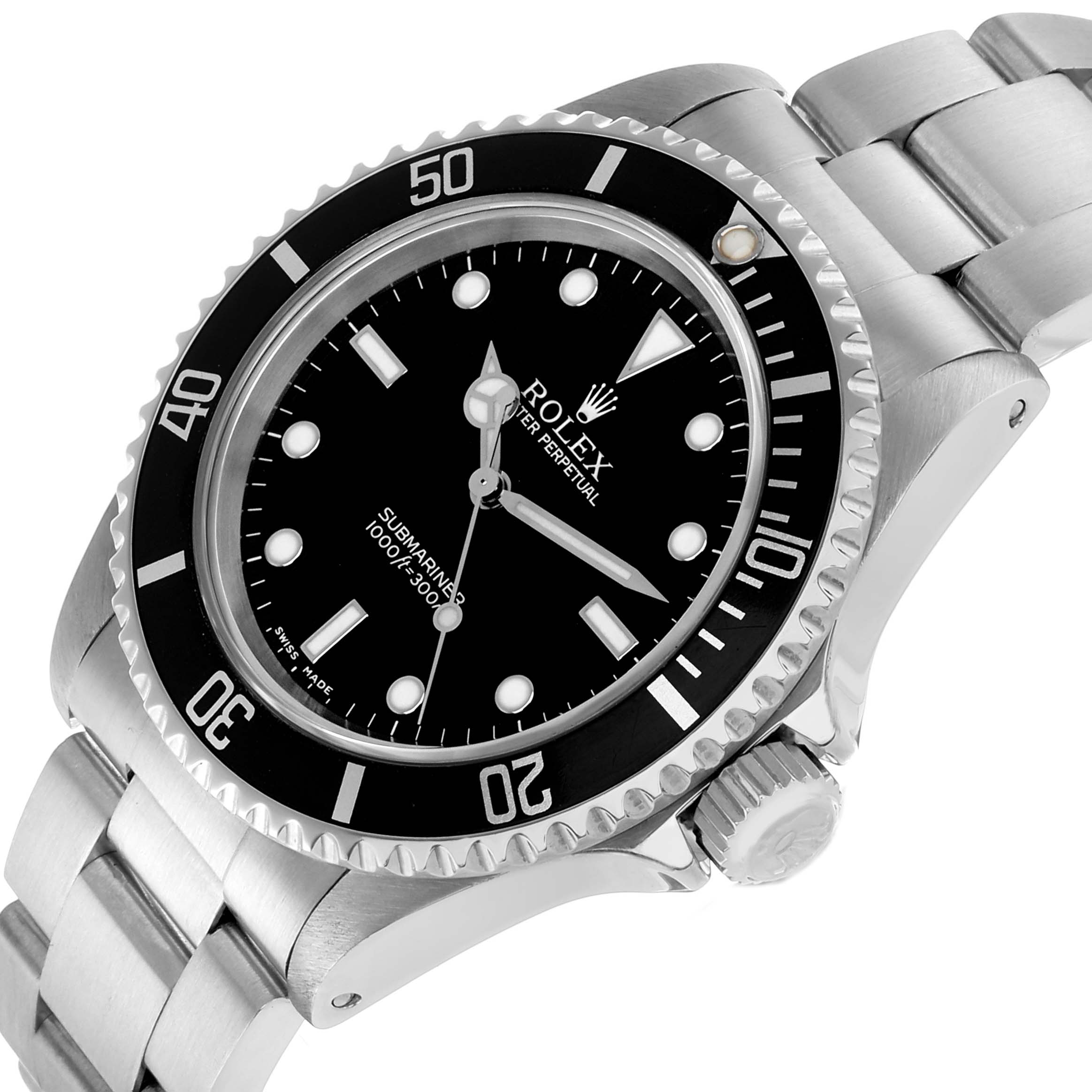The Rolex Submariner 14060M Men's Stainless Steel Black Dial watch is shown at a slight angle, highlighting the bezel, dial, and part of the bracelet.