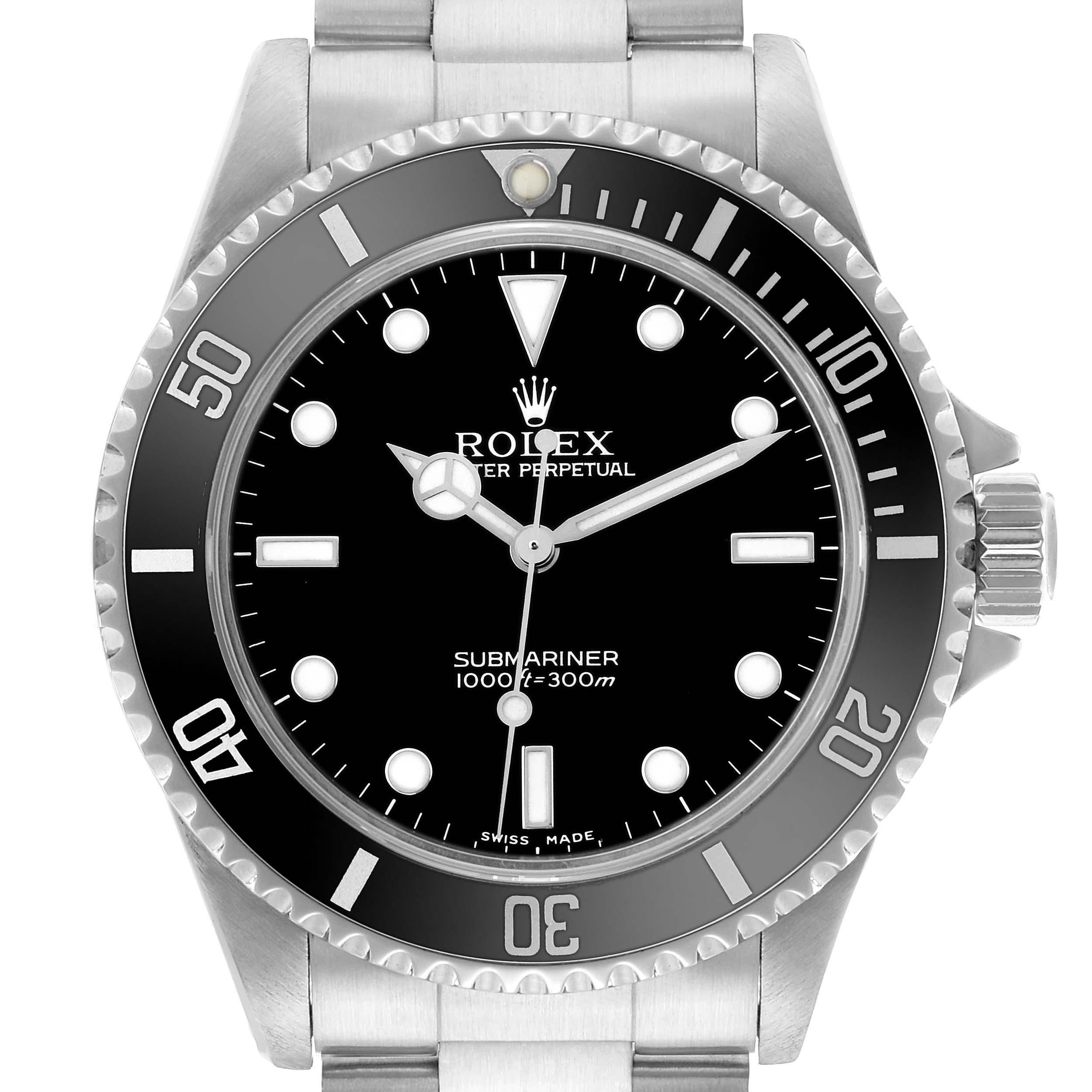 The image shows a frontal view of a Rolex Submariner 14060M Men's Stainless Steel Black Dial, highlighting the dial, bezel, and crown.