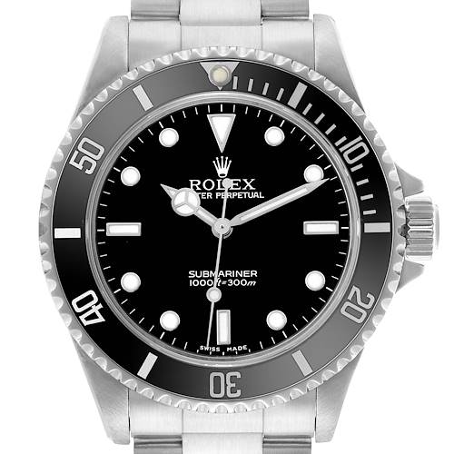 The Rolex Submariner 14060M Men's Stainless Steel Black Dial watch is shown from a front angle, displaying its face, bezel, and part of the bracelet.