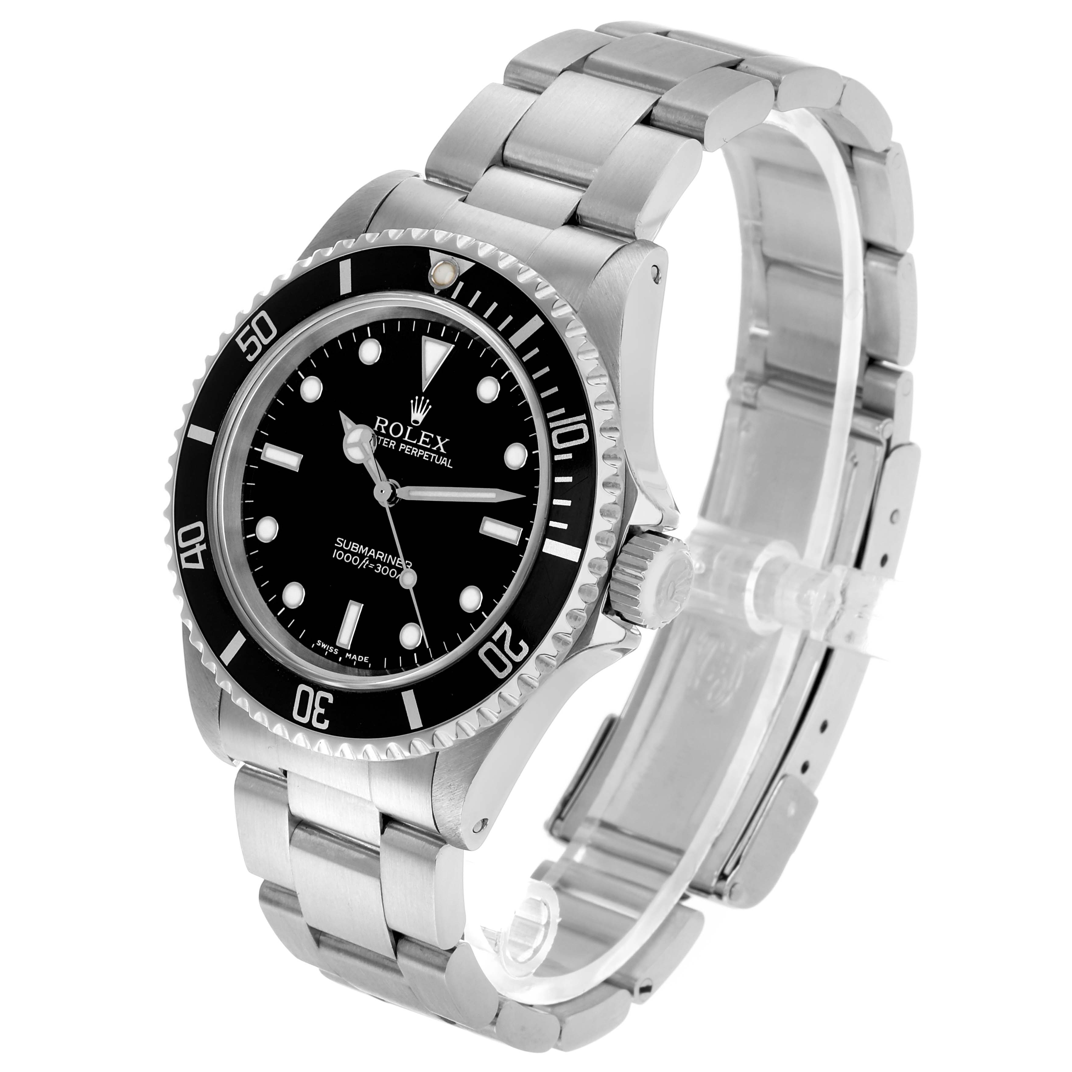 The Rolex Submariner 14060M Men's Stainless Steel Black Dial watch is shown at a three-quarter angle, highlighting the bezel, dial, and bracelet.