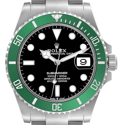 The Rolex Submariner watch is shown from the front, displaying its green bezel, black dial, and date window.